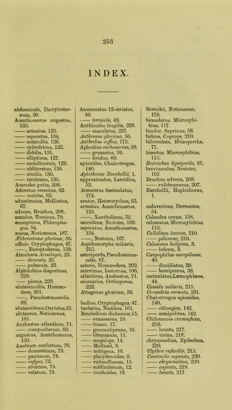 y53 INDEX. abdominale, Dactyloster- num, 20. Acanthomerus angustus, 133. arraatus, 125. asperatus, 134. conicollis, 126. cylindricus, 132. debilis, 131. ellipticus, 127. monilicomis, 129. obliteratus, 136. similis, 130. terebrans, 135. Acarodes gutta, 206. Adoretus versutus, 62. vestitics, 62. adumbratus, Mellissius, 67. advena, Bruchus, 208. cemulus, Tomicus, 79. aeneopiceus, Phloeopha- gus, 94. ceneus, Notioxenus, 187. JEthriostoma gloriosce, 56. affinis, Oryptophagus, 47. , Eucoptoderus, 139. Aleochara Armitagei, 23. decorata, 23. puberula, 23. Alphitobius diaperinus, 229. piceus, 229. alutaceicolli8, Homoeo- dera, 201. , Pseudostenoscelis, 89. alutaceifrons,Oxytelus,35. alutaceus, Notioxenus, 181. Anchastus atlanticus, 71. compositarum, 69. angustus, Acanthomerus, 133. Anobium confertum, 76. domesticum, 75. paniceum, 74. rujypes, 72. striatum, 75. velatum, 73. Auommatus 12-striatus, 49. terricola., 49. Antbicodes fragilis, 238. maculatus, 237. Anthrenus gloriosce, 56. Anthribus coffees, 175. Aphodius carbonarius, 59. granarius, 59. lividus, 60. apionides, Chalcotrogus, 140. Aplothorax Burchellii, 1. approximatus, Latridius, 53. Arceocerus fasciculatus, 174. arator, Heteronyehus, 63. armatus, Acanthomerus, 125. , Xantholinus, 32. ascendens, Nesiotes, 169. asperatus, Acanthomerus, 134. , Nesiotes, 167. Aspidomorpha miliaris, 215. asteriperda, Pseudostenos- celis, 87. asteris, Homoeodera, 202. aterrimus, Isotornus, 106. atlanticus, Anchastus, 71. atomarius, Orthoperus, 222. Attagenus gloriosce, 56. badius, Oryptophagus, 47. barbatus, Nesiotes, 161. Bembidium dicksonice,15. evanescens, 18. fossor, 17. gemmulipenne, 16. Grayanum, 11. megalops, 14. Mellissii, 8. nubigena, 10. platyderoides, 9. rufosuffusum, 15. sublimbatum, 12. trechoides, 13. Bewickii, Notioxenus, 178. bicaudatus, Microxylo- bius, 117. bicolor, Saprinus, 58. bidens, Coptops, 210. bifoveolata, Rhizopertha, 77. bisectus, Microxylobius, 115. Bostrichus ligniperda, 81. breviusculus, Nesiotes, 163 Bruchus advena, 208. rufobrunneus, 207. Burchellii, Haplothorax, 1. cadaverinus, Dermestes, 54. Calandra oryzee, 158. calcaratus, Microxylobius, 113. Gallidium luteum, 210. pilicorne, 210. Calosoma haligena, 3. helence, 3. Carpophilus auropilosus, 40. dimidiatus, 39. hemipterus, 38. carin ulatus, Lcem oph loeus, 44. Cassida miliaris, 215. Ccrandria cornuta, 231. Chalcotrogus apionides, 140. oblongior, 142. semipolitus, 142. Chilomenes circumflexa, 218. lunata, 217. vicina, 218: chrysomeliua, Epilachna, 220. Clythra ruficollis, 215. Coccinella capensis, 220. chrysomelina, 220. cognata, 219. lunata, 217.