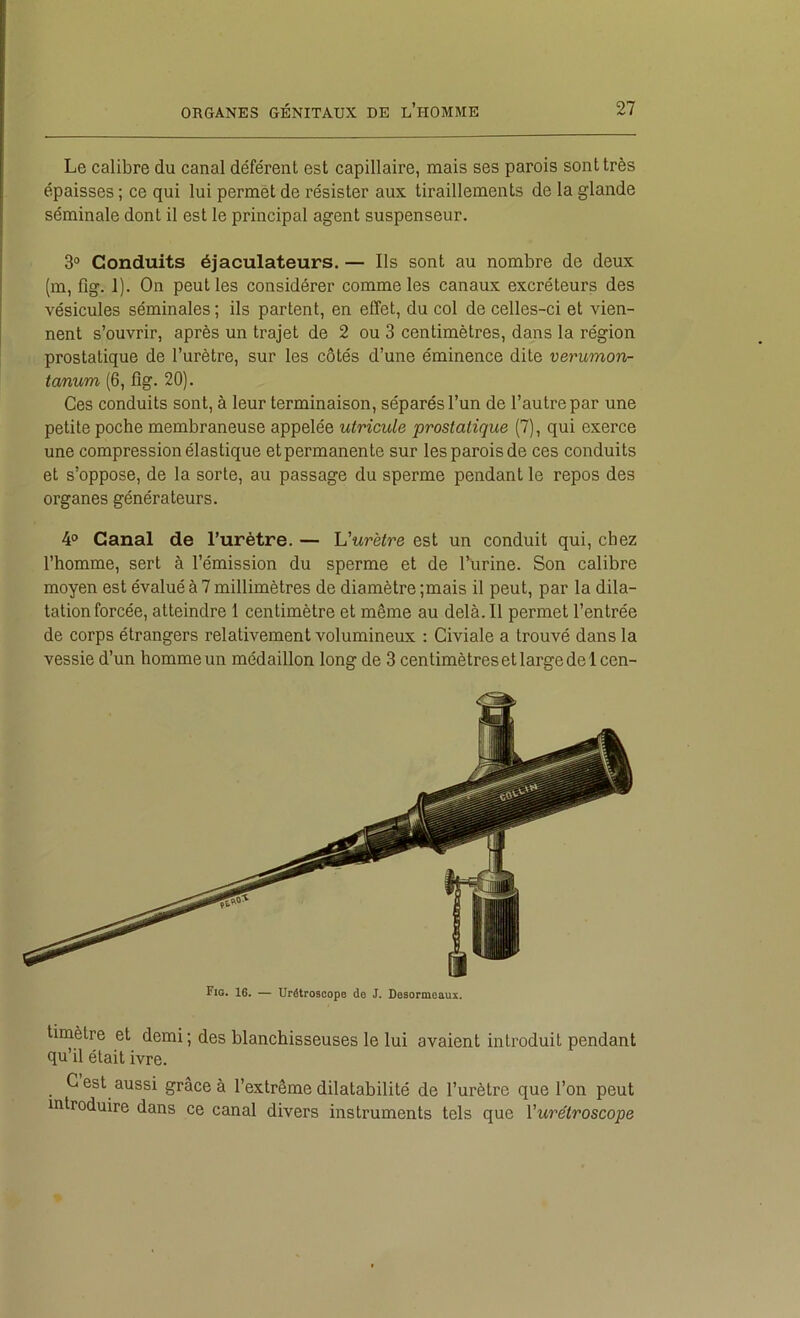 Le calibre du canal déférent est capillaire, mais ses parois sont très épaisses ; ce qui lui permet de résister aux tiraillements de la glande séminale dont il est le principal agent suspenseur. 3® Conduits éjaculateurs. — Ils sont au nombre de deux (m, fig. 1). On peut les considérer comme les canaux excréteurs des vésicules séminales ; ils partent, en effet, du col de celles-ci et vien- nent s’ouvrir, après un trajet de 2 ou 3 centimètres, dans la région prostatique de l’urètre, sur les côtés d’une éminence dite verumon- tanum (6, fig. 20). Ces conduits sont, à leur terminaison, séparés l’un de l’autre par une petite poche membraneuse appelée utricule prostatique (7), qui exerce une compression élastique et permanente sur les parois de ces conduits et s’oppose, de la sorte, au passage du sperme pendant le repos des organes générateurs. 4° Canal de l’urètre. — Uurètre est un conduit qui, chez l’homme, sert à l’émission du sperme et de l’urine. Son calibre moyen est évalué à 7 millimètres de diamètre ;mais il peut, par la dila- tation forcée, atteindre 1 centimètre et même au delà. Il permet l’entrée de corps étrangers relativement volumineux : Civiale a trouvé dans la vessie d’un homme un médaillon long de 3 centimètres et large de Icen- Fig. 16. — Urétroscope de J. Desormeaux. timètre et demi ; des blanchisseuses le lui avaient introduit pendant qu’il était ivre. G est aussi grâce à l’extrême dilatabilité de l’urètre que l’on peut introduire dans ce canal divers instruments tels que Vurétroscope