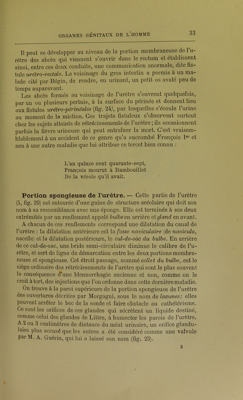 Il peut se développer au niveau de la portion membraneuse de l’u- rètre des abcès qui viennent s’ouvrir dans le rectum et établissent ainsi, entre ces deux conduits, une communication anormale, dite fis- tule uvétTo-vBCtcds. Le voisinage du gros intestin a permis à un ma- lade cité par Bégin, de rendre, en urinant, un petit os avalé peu de temps auparavant. Les abcès formés au voisinage de l’urètre s’ouvrent quelquefois, par un ou plusieurs pertuis, à la surface du périnée et donnent lieu aux fistules urétro-périnéales (fig. 24j, par lesquelles s’écoule l’urine au moment de la miction. Ces trajets fistuleux s’observent surtout chez les sujets atteints de rétrécissements de l’urètre ; ils occasionnent parfois la fièvre urineuse qui peut entraîner la mort. C’est vraisem- blablement à un accident de ce genre qu’a succombé François I*»- et non à une autre maladie que lui attribue ce tercet bien connu : L’an quinze cent quarante-sept, François mourut à Rambouillet De la vérole qu’il avait. Portion spongieuse de l’urètre. — Cette partie de l’urètre (5, fig. 20) est entourée d’une gaine de structure aréolaire qui doit son nom à sa ressemblance avec une éponge. Elle est terminée à ses deux extrémités par un renflement appelé bulbe en arrière ei gland en avant. A chacun de ces renflements correspond une dilatation du canal de l’urètre : la dilatation antérieure est la fosse naviculaire (de navicula, nacelle) et la dilatation postérieure, le cul-de-sac du bulbe. En arrière de ce cul-de-sac, une bride semi-circulaire diminue le calibre de l’u- rètre, et sert de ligne de démarcation entre les deux portions membra- neuse et spongieuse. Cet étroit passage, nommé collet du bulbe,.est le siège ordinaire des rétrécissements de l’urètre qui sont le plus souvent la conséquence cfune blennorrhagie ancienne et non, comme on le croit à tort, des injections que l’on ordonne dans cette dernière maladie. On trouve à la paroi supérieure de la portion spongieuse de l’urètre des ouvertures décrites par Morgagni, sous le nom de lacunes; elles peuvent arrêter le bec de la sonde et faire obstacle au cathétérisme. Ce sont les orifices de ces glandes qui sécrètent un liquide destiné, comme celui des glandes de Littré, à humecter les parois de l’urètre. A 2 ou 3 centimètres de distance du méat urinaire, un orifice glandu- laire plus accusé que les autres a été considéré comme une valvule parM. A. Guérin, qui lui a laissé son nom (fig. 25). 3