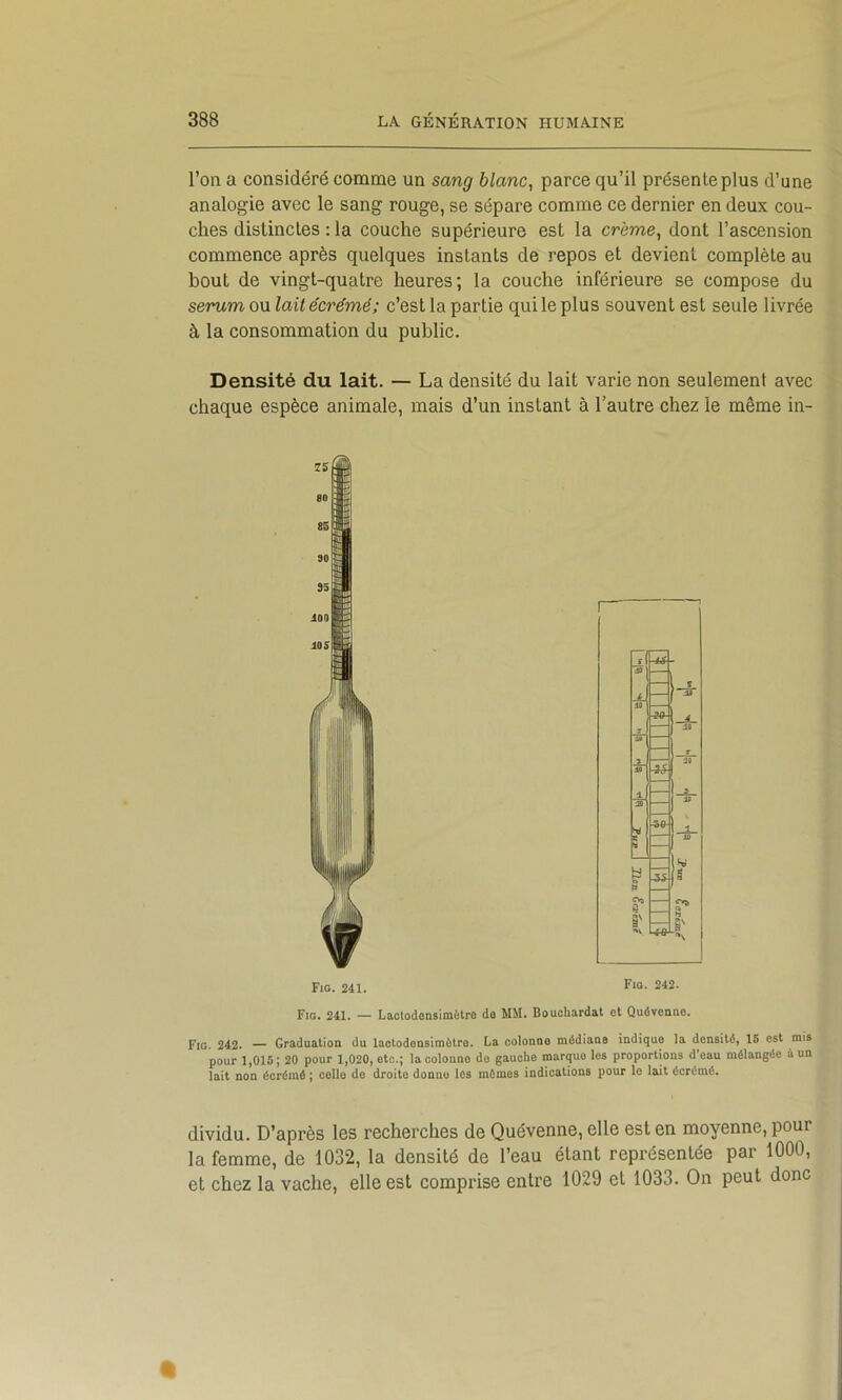 l’on a considéré comme un sang blanc, parce qu’il présente plus d’une analogie avec le sang rouge, se sépare comme ce dernier en deux cou- ches distinctes : la couche supérieure est la crème, dont l’ascension commence après quelques instants de repos et devient complète au bout de vingt-quatre heures; la couche inférieure se compose du sérum ou lait écrémé; c’est la partie qui le plus souvent est seule livrée à la consommation du public. Densité du lait. — La densité du lait varie non seulement avec chaque espèce animale, mais d’un instant à l’autre chez le même in- f iO 1 r \ ^ iO -M- 7 — ûa ill — r IB 1 — J — J# iO a — s; y R S' •H Fio. 241. F‘°- 242. Fig. 241. — Lactodonsimètro da MM. Bouchardat et Quôvcano. Fig. 242. — Graduation du lactodonslmôtre. La colonne médiane indique la densité, 16 est mis pour 1,015; 20 pour 1,020, etc.; la colonne do gaucho marque les proportions d'eau mélangée à un lait non écrémé ; celle do droite donne les mômes indications pour le lait écrémé. dividu. D’après les recherches de Quévenne, elle est en moyenne, pour la femme, de 1032, la densité de l’eau étant représentée par 1000, et chez la vache, elle est comprise entre 1029 et 1033. On peut donc