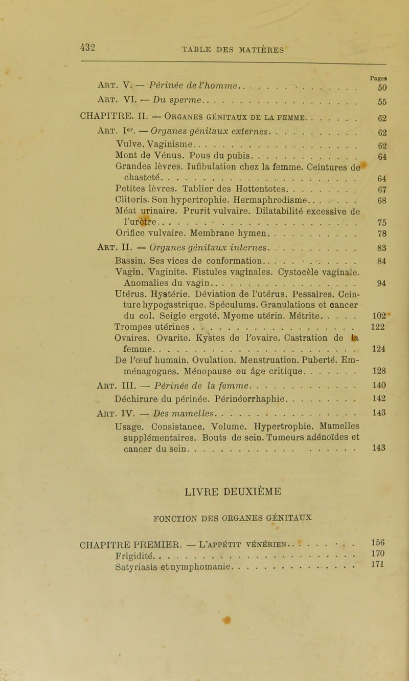 Pages Art. V. — Périnée de l’homme • 50 Art. VI. — Du sperme 55 CHAPITRE. IL — Organes génitaux de la femme 62 Art. !«>•. — Organes génitaux externes 62 Vulve. Vaginisme 62 Mont de Vénus. Pous du pubis 64 Grandes lèvres. Infibulation chez la femme. Ceintures de* chasteté 64 Petites lèvres. Tablier des Hottentotes 67 Clitoris. Son hypertrophie. Hermaphrodisme 68 Méat urinaire. Prurit vulvaire. Dilatabilité excessive de l’urètre • 75 Orifice vulvaire. Membrane hymen 78 Art. II. — Organes génitaux internes 83 Bassin. Ses vices de conformation • 84 Vagin. Vaginite. Fistules vaginales. Cystocèle vaginale. Anomalies du vagin 94 Utérus. Hystérie. Déviation de l’utérus. Pessaires. Cein- ture hypogastrique. Spéculums. Granulations et cancer du col. Seigle ergoté. Myome utérin. Métrite 102 Trompes utérines 122 Ovaires. Ovarite. Kystes de Tovaire. Castration de la femme 124 De l’œuf humain. Ovulation. Menstruation. Puberté. Em- ménagogues. Ménopause ou âge critique 128 Art. III. — Périnée de la femme 140 Déchirure du périnée. Périnéorrhaphie 142 Art. IV. — Des mamelles 143 Usage. Consistance. Volume. Hypertrophie. Mamelles supplémentaires. Bouts de sein. Tumeurs adénoïdes et cancer du sein 143 LIVRE DEUXIÈME FONCTION DES ORGANES GÉNITAUX CHAPITRE PREMIER. — L’appétit VÉNÉRIEN.. ; ...... 156 Frigidité Satyriasis et nymphomanie 171