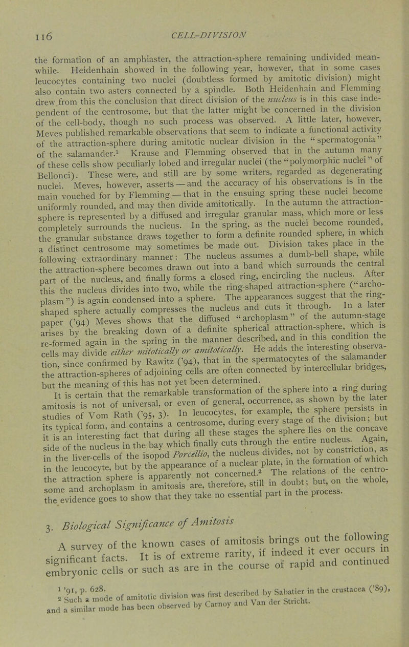 the formation of an amphiaster, the attraction-sphere remaining undivided mean- while. Heidenhain showed in the following year, however, that in some cases leucocytes containing two nuclei (doubtless formed by amitotic division) might also contain two asters connected by a spindle. Both Heidenhain and Flemming drew from this the conclusion that direct division of the nucleus is in this case inde- pendent of the centrosome, but that the latter might be concerned in the division of the cell-body, though no such process was observed. A little later, however, Meves published remarkable observations that seem to indicate a functional activity of the attraction-sphere during amitotic nuclear division in the “spermatogonia” of the salamander.1 Krause and Flemming observed that in the autumn many of these cells show peculiarly lobed and irregular nuclei (the “polymorphic nuclei ” of Bellonci). These were, and still are by some writers, regarded as degenerating nuclei. Meves, however, asserts —and the accuracy of his observations is in the main vouched for by Flemming — that in the ensuing spring these nuclei become uniformly rounded, and may then divide amitotically. In the autumn the attraction- sphere is represented by a diffused and irregular granular mass, which more or less completely surrounds the nucleus. In the spring, as the nuclei become rounded the granular substance draws together to form a definite rounded sphere, in which a distinct centrosome may sometimes be made out. Division takes p ace m the following extraordinary manner: The nucleus assumes a dumb-bell s rape, v 1 e the attraction-sphere becomes drawn out into a band which surrounds the centra part of the nucleus, and finally forms a closed ring, encircling the nucleus. After this the nucleus divides into two, while the ring-shaped attraction-sphere archo- plasm ”) is again condensed into a sphere. The appearances suggest that the nng- shaned sphere actually compresses the nucleus and cuts it through. In a later paper (’94) Meves shows that the diffused “archoplasm” of the autumn-stage arises by the breaking down of a definite spherical attraction-sphere which is re formed again in the spring in the manner described, and in this condition the cells may divide either niitotically or amitotically. He adds the interesting observa- tion since confirmed by Rawitz (’94), that in the spermatocytes of the salamander the attraction-spheres of adjoining cells are often connected by intercellular bridge , hut the meaning of this has not yet been determined. I h State that the remarkable transformation of the sphere intoa ring d,rn >g • • . „r • ,„VCoi nr even of general, occurrence, as shown by the later am,tests is not of universal or even °tgme the sphere persists in “ “ of the ^mcleus in the bay thick finally cuts through the entire nucleus. Again, In £ leucocyfe, taby aT^Tffce’ota * 3- Biological Significance of Anntosis A survey of the known cases of amitosis brings out the following