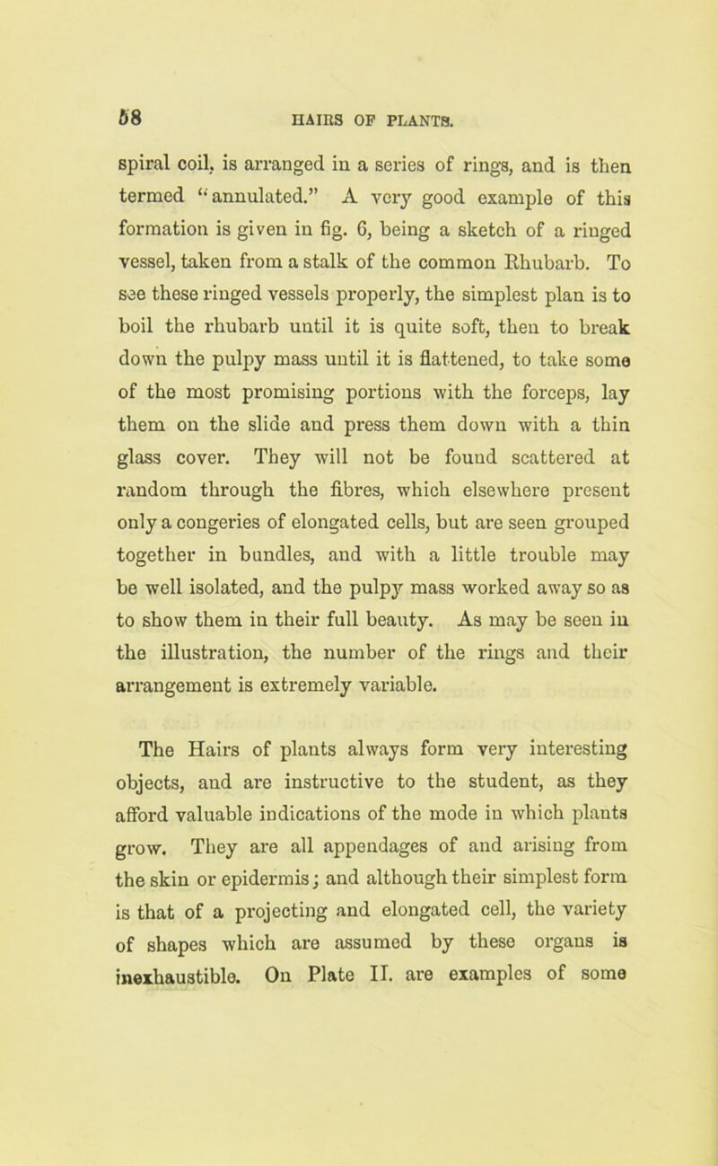 spiral coil, is arranged in a series of rings, and is then termed “ annulated.” A very good example of this formation is given in fig. 6, being a sketch of a ringed vessel, taken from a stalk of the common Rhubarb. To see these ringed vessels properly, the simplest plan is to boil the rhubarb until it is quite soft, theu to break down the pulpy mass until it is flattened, to take some of the most promising portions with the forceps, lay them on the slide and press them down with a thin glass cover. They will not be found scattered at random through the fibres, which elsewhere px-esent only a congeries of elongated cells, but ai'e seen grouped together in bundles, and with a little trouble may be well isolated, and the pulpy mass worked away so as to show them in their full beauty. As may be seen in the illustration, the number of the rings and their arrangement is extremely variable. The Hairs of plants always form very interesting objects, and are instructive to the student, as they afford valuable indications of the mode in which plants grow. They are all appendages of and arising from the skin or epidermis; and although their simplest form is that of a projecting and elongated cell, the variety of shapes which are assumed by these organs is inexhaustible. On Plate IT. are examples of some