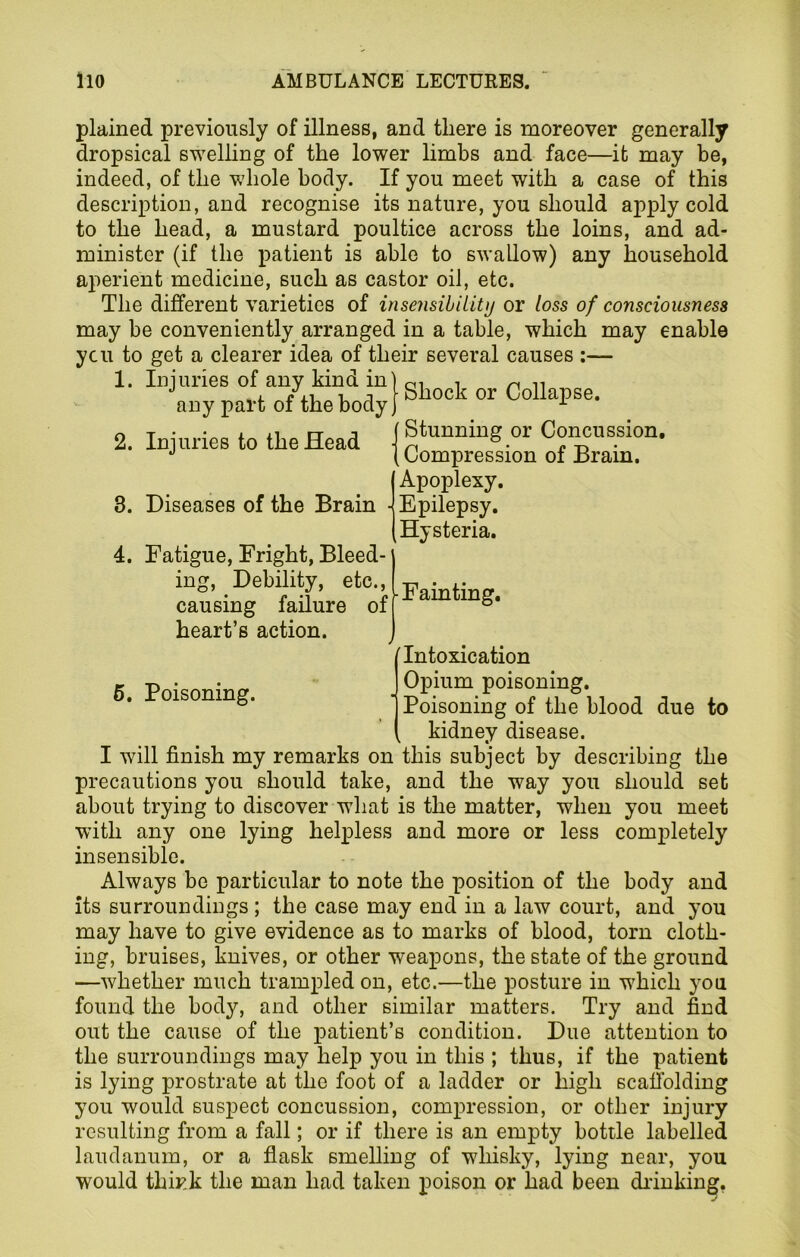 plained previously of illness, and there is moreover generally dropsical swelling of the lower limbs and face—it may be, indeed, of the whole body. If you meet with a case of this description, and recognise its nature, you should apply cold to the head, a mustard poultice across the loins, and ad- minister (if the patient is able to swallow) any household aperient medicine, such as castor oil, etc. The different varieties of insensibility or loss of consciousness may be conveniently arranged in a table, which may enable ycu to get a clearer idea of their several causes :— 1. Injuries of any kind in) 01 n « any part of the body |Shock or CollaP 2. Injuries to the Head se. 3. Diseases of the Brain ■ 4. Fatigue, Fright, Bleed- ing, Debility, etc., causing failure of heart’s action. Stunning or Concussion. Compression of Brain. Apoplexy. Epilepsy. Hysteria. Fainting. 6. Poisoning. I Intoxication Opium poisoning. Poisoning of the blood due to kidney disease. I will finish my remarks on this subject by describing the precautions you should take, and the way you should set about trying to discover what is the matter, when you meet with any one lying helpless and more or less completely insensible. Always be particular to note the position of the body and its surroundings; the case may end in a law court, and you may have to give evidence as to marks of blood, torn cloth- ing, bruises, knives, or other weapons, the state of the ground —whether much trampled on, etc.—the posture in which you found the body, and other similar matters. Try and find out the cause of the patient’s condition. Due attention to the surroundings may help you in this ; thus, if the patient is lying prostrate at the foot of a ladder or high scaffolding you would suspect concussion, compression, or other injury resulting from a fall; or if there is an empty bottle labelled laudanum, or a flask smelling of whisky, lying near, you would think the man had taken poison or had been drinking.