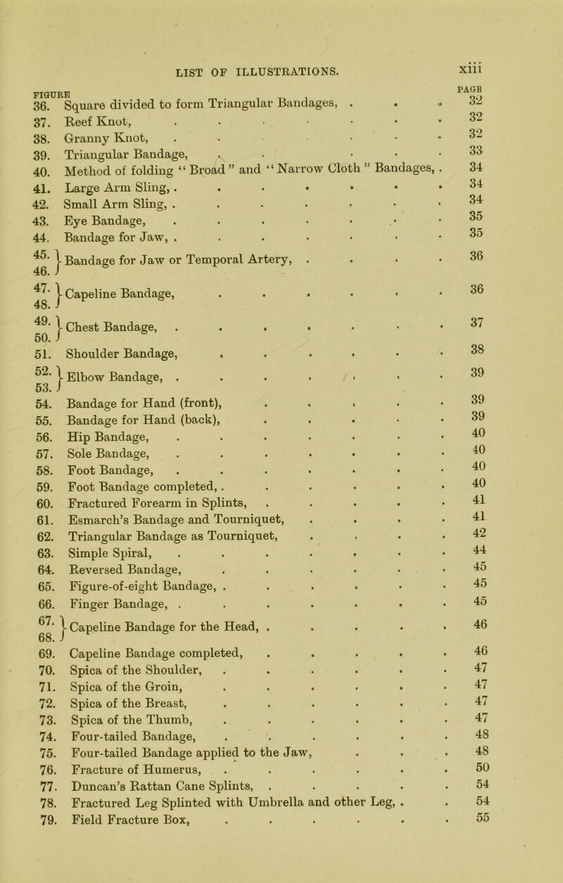 FIGURE 36. Square di\nded to form Triangular Bandages, . • o PAGE 32 37. Reef Knot, . . . • • • ** 32 38. Granny Knot, . . ■ • • ft 32 39. Triangular Bandage, • 33 40. Method of folding “ Broad ” and “ Narrow Cloth ” Bandages, . 34 41. Large Arm Sling,. . . • • • • 34 42. Small Arm Sling, ..... • t 34 43. Eye Bandage, . . . . • 35 44. Bandage for Jaw, . . . . • . 35 45. ] ■Bandage for Jaw or Temporal Artery, . • • 36 46. J Capeline Bandage, .... . 36 4S. J 49. 1 Chest Bandage, ..... « • 37 50. J 51. Shoulder Bandage, .... • * 38 52.1 - Elbow Bandage, . . . . • 39 53. J 54. Bandage for Hand (front), . . . 39 55. Bandage for Hand (back), 39 56. Hip Bandage, ..... 40 57. Sole Bandage, . . . . • 40 58. Foot Bandage, . . . . • 40 59. Foot Bandage completed,.... 40 60. Fractured Forearm in Splints, 41 61. Esmarch’s Bandage and Tourniquet, 41 62. Triangular Bandage as Tourniquet, 42 63. Simple Spiral, ..... 44 64. Reversed Bandage, .... 45 65. Figure-of-eight Bandage, .... 45 66. Finger Bandage, ..... 45 67. \ Capeline Bandage for the Head, . 46 68. J 69. Capeline Bandage completed. 46 70. Spica of the Shoulder, .... 47 71. Spica of the Groin, .... 47 72. Spica of the Breast, .... 47 73. Spica of the Thumb, .... 47 74. Four-tailed Bandage, .... 48 75. Four-tailed Bandage applied to the Jaw, 48 76. Fracture of Humerus, .... 50 77. Duncan’s Rattan Cane Splints, 54 78. Fractured Leg Splinted with Umbrella and other Leg, . 54 79. Field Fracture Box, . . • • 55