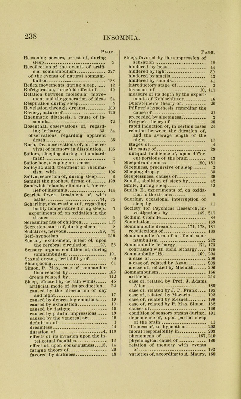 Page. Reasoning powers, arrest of, during sleep 3 Recollection of the events of artifi- cial somnambulism 227 of the events of natural somnam- bulism 188 Reflex movements during sleep. 12 Refrigeration, threefold effect of 49 Relation between molecular move- ment aud the generation of ideas 24 Respiration during sleep 5 Revelation through dreams 160 Revery, nature of 120 Rheumatic diathesis, a cause of in- somnia 72 Rosenthal, observations of, regard- ing lethargy 33, 34 observations regarding apparent death 35 Rush, Dr., observations of, on the re- vival of memory in dissolution.. 165 Sailors, sleeping during a bombard- ment- 1 Sailor-boy, sleeping on a mast 1 Salicylic acid, treatment of rheuma- tism with 106 Saliva, secretion of, during sleep 8 Samuel the prophet, dream of 129 Sandwich Islands, climate of, for re- lief of insomnia... 114 Scarlet fever, treatment of, with baths 74, 75 Scharling, observations of, regarding bodily temperature during sleep. 7 experiments of, on oxidation in the tissues 9 Screaming fits of children 112 Secretion, state of, during sleep 8 Sedatives, nervous 59, 73 Self-hypnotism. 219 Sensory excitement, effect of, upon the cerebral circulation 27, 28 Sensory organs, condition of, during somnambulism 191 Sexual organs, irritability of 90 Shampooing 61 Simon, P. Max, case of somnambu- lism related by 182 dream related by 142 Sleep, affected by certain winds 45 artificial, mode of its production.. 22 caused by the alternation of day and night 17 caused by depressing emotions 19 caused by exhaustion 19 caused by fatigue 19 caused by painful impressions 19 caused by the venereal act 19 definition of. - 1 dreamless 14 duration of 4, 110 effects of its invasion upon the in- tellectual faculties 13 effect of, upon consciousness...13, 14 fatigue theory of 20 favored by darkness 18 Page. Sleep, favored by the suppression of sensation 18 hindered by heat 44 hindered by light 39 hindered by smells 42 hindered by sounds 41 introductory stage of 2 invasion of 10, 117 measure of its depth by the experi- ments of Kohlschiitter 16 Obersteiner's theory of.. 20 Pfliiger’s hypothesis regarding the cause of 21 preceeded by sleepiness. 2 Preyer's theory of 20 rapid induction of, in certain cases 24 relation between the duration of, and the average length of the night 17 stages of 4 the cause of 29 unequal incidence of, upon differ- ent portions of the brain.. 13 Sleep-drunkenness 180, 181 Sleepiness, precursive of sleep 2 Sleeping dropsy 30 Sleeplessness, causes of 39 Smells, abolition of sleep by 42 Smile, during sleep 12 Smith, E., experiments of, on oxida- tion in the tissues 9 Snoring, occasional interruption of sleep by 11 Society for Psychical Research, in- vestigations by 149, 217 Sodium bromide 84 Somniatiou 169 Somnambulic dreams 171, 178, 181 recollections of 18S Somnambulic form of artificial som- nambulism 222 Somnambulic lethargy 171, 173 contrasted with lucid lethargy 176 Somnambulic life 169, 204 a case of 206 a case of, related by Azam 208 a case of, related by Macnish. 206 Somnambulism 166 artificial 214 case of, related by Prof. J. Adams Allen 185 case of, related by J. P. Frank 195 case of, related by Macario 192 case of, related by Mesnet 196 case of, related by P. Max Simon. 182 causes of 166 condition of sensory organs during. 191 dependence of, upon partial sleep of the brain 11 likeness of, to hypnotism 203 moral responsibility in 203 phenomena of 167, 210 physiological cause of 180 relation of memory with events of 192 varieties of, according to A. Maury, 168