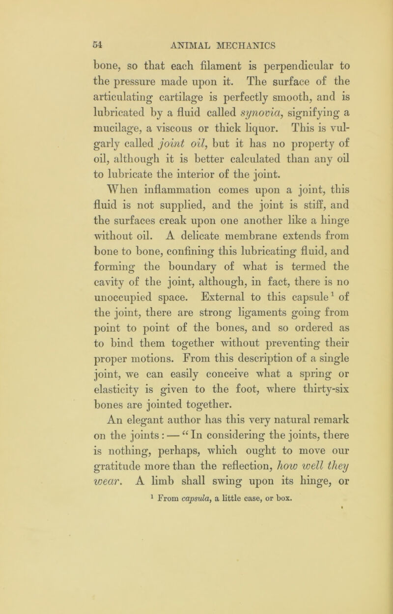 bone, so that each filament is perpendicular to the pressure made upon it. The surface of the articulating cartilage is perfectly smooth, and is lubricated by a fluid called synovia, signifying a mucilage, a viscous or thick liquor. This is vul- garly called joint oil, but it has no property of oil, although it is better calculated than any oil to lubricate the interior of the joint. When inflammation comes upon a joint, this fluid is not supplied, and the joint is stiff, and the surfaces creak upon one another like a hinge without oil. A delicate membrane extends from bone to bone, confining this lubricating fluid, and forming the boundary of what is termed the cavity of the joint, although, in fact, there is no unoccupied space. External to this capsule1 of the joint, there are strong ligaments going from point to point of the bones, and so ordered as to bind them together without preventing their proper motions. From this description of a single joint, we can easily conceive what a spring or elasticity is given to the foot, where thirty-six bones are jointed together. An elegant author has this very natural remark on the joints : — “In considering the joints, there is nothing, perhaps, which ought to move our gratitude more than the reflection, how well they ivear. A limb shall swing upon its hinge, or 1 From capsula, a little case, or box.