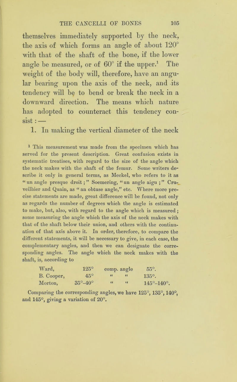 themselves immediately supported by the neck, the axis of which forms an angle of about 120° with that of the shaft of the bone, if the lower angle be measured, or of 60° if the upper.1 The weight of the body will, therefore, have an angu- lar bearing upon the axis of the neck, and its tendency will be to bend or break the neck in a downward direction. The means which nature has adopted to counteract this tendency con- sist : — 1. In making the vertical diameter of the neck 1 This measurement was made from the specimen which has served for the present description. Great confusion exists in systematic treatises, with regard to the size of the angle which the neck makes with the shaft of the femur. Some writers de- scribe it only in general terms, as Meckel, who refers to it as “ un angle presque droit ; ” Soemering, “ un angle aigu ; ” Cru- veilhier and Quain, as “ an obtuse angle,” etc. Where more pre- cise statements are made, great difference will be found, not only as regards the number of degrees which the angle is estimated to make, but, also, with regard to the angle which is measured ; some measuring the angle which the axis of the neck makes with that of the shaft below their union, and others with the continu- ation of that axis above it. In order, therefore, to compare the different statements, it will be necessary to give, in each case, the complementary angles, and then we can designate the corre- sponding angles. The angle which the neck makes with the shaft, is, according to Ward, 125° comp, angle 55°. B. Cooper, 45° “ “ 135°. Morton, 35°-40° « “ 145°-140°. Comparing the corresponding angles, we have 125°, 135°, 140°, and 145°, giving a variation of 20°.