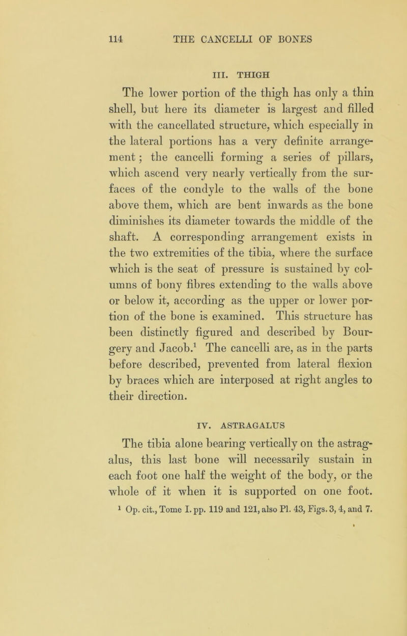 III. THIGH The lower portion of the thigh has only a thin shell, but here its diameter is largest and filled with the cancellated structure, which especially in the lateral portions has a very definite arrange- ment ; the cancelli forming a series of pillars, which ascend very nearly vertically from the sur- faces of the condyle to the walls of the bone above them, which are bent inwards as the bone diminishes its diameter towards the middle of the shaft. A corresponding arrangement exists in the two extremities of the tibia, where the surface which is the seat of pressure is sustained by col- umns of bony fibres extending to the walls above or below it, according as the upper or lower por- tion of the bone is examined. This structure has been distinctly figured and described by Bour- gery and Jacob.1 The cancelli are, as in the parts before described, prevented from lateral flexion by braces which are interposed at right angles to their direction. IV. ASTRAGALUS The tibia alone bearing vertically on the astrag- alus, this last bone will necessarily sustain in each foot one half the weight of the body, or the whole of it when it is supported on one foot. 1 Op. cit., Tome I. pp. 119 and 121, also PI. 43, Figs. 3, 4, and 7.