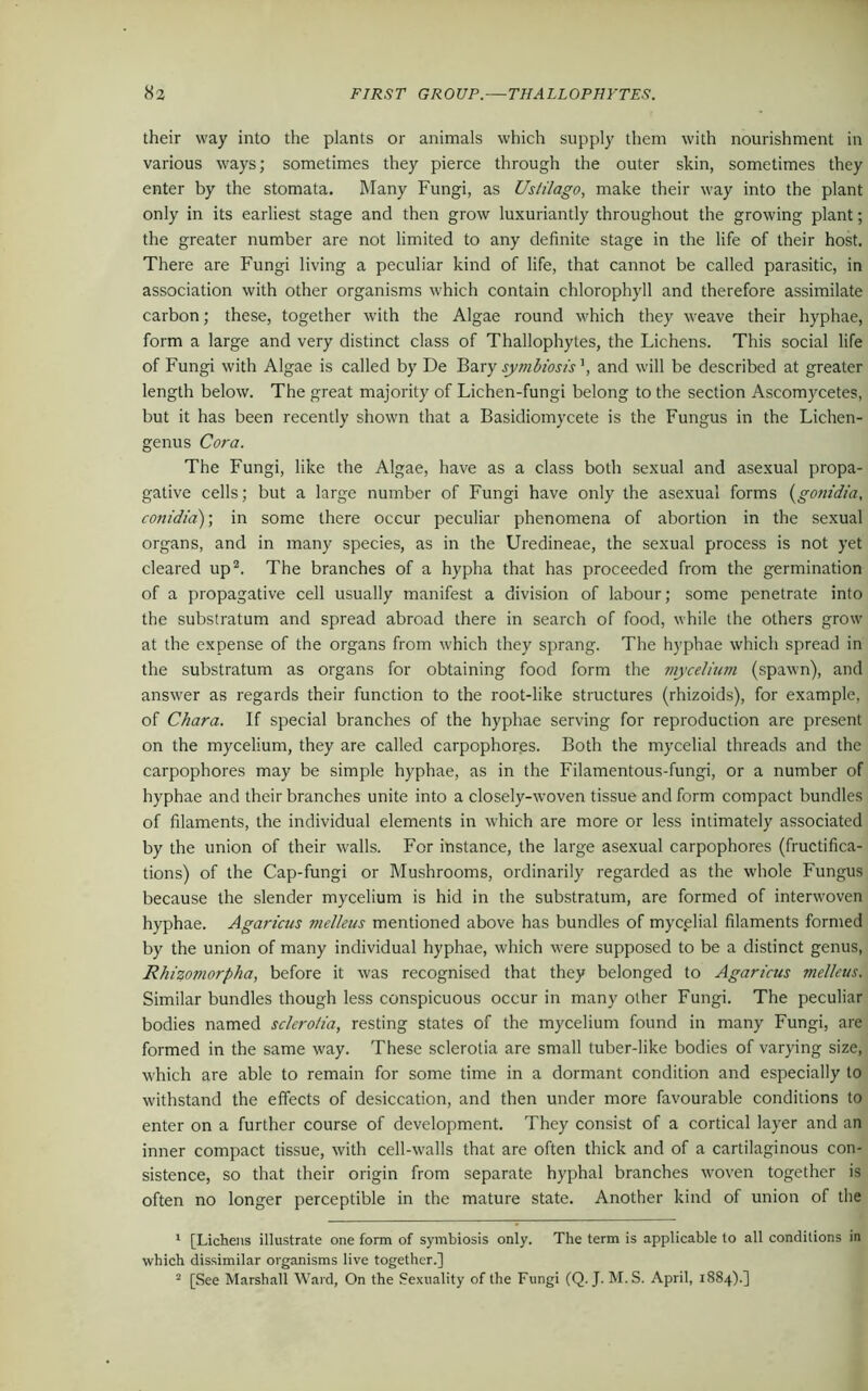 their way into the plants or animals which supply them with nourishment in various ways; sometimes they pierce through the outer skin, sometimes they enter by the stomata. Many Fungi, as Ustilago, make their way into the plant only in its earliest stage and then grow luxuriantly throughout the growing plant; the greater number are not limited to any definite stage in the life of their host. There are Fungi living a peculiar kind of life, that cannot be called parasitic, in association with other organisms which contain chlorophyll and therefore assimilate carbon; these, together with the Algae round which they weave their hyphae, form a large and very distinct class of Thallophytes, the Lichens. This social life of Fungi with Algae is called by De Bary symbiosis], and will be described at greater length below. The great majority of Lichen-fungi belong to the section Ascomycetes, but it has been recently shown that a Basidiomycete is the Fungus in the Lichen- genus Cora. The Fungi, like the Algae, have as a class both sexual and asexual propa- gative cells; but a large number of Fungi have only the asexual forms (gonidia, conidia); in some there occur peculiar phenomena of abortion in the sexual organs, and in many species, as in the Uredineae, the sexual process is not yet cleared up1 2. The branches of a hypha that has proceeded from the germination of a propagative cell usually manifest a division of labour; some penetrate into the substratum and spread abroad there in search of food, while the others grow at the expense of the organs from which they sprang. The hyphae which spread in the substratum as organs for obtaining food form the mycelium (spawn), and answer as regards their function to the root-like structures (rhizoids), for example, of Chara. If special branches of the hyphae serving for reproduction are present on the mycelium, they are called carpophores. Both the mycelial threads and the carpophores may be simple hyphae, as in the Filamentous-fungi, or a number of hyphae and their branches unite into a closely-woven tissue and form compact bundles of filaments, the individual elements in which are more or less intimately associated by the union of their walls. For instance, the large asexual carpophores (fructifica- tions) of the Cap-fungi or Mushrooms, ordinarily regarded as the whole Fungus because the slender mycelium is hid in the substratum, are formed of interwoven hyphae. Agaricus melleus mentioned above has bundles of mycelial filaments formed by the union of many individual hyphae, which wrere supposed to be a distinct genus, Rhizomorpha, before it was recognised that they belonged to Agaricus melleus. Similar bundles though less conspicuous occur in many other Fungi. The peculiar bodies named sclerolia, resting states of the mycelium found in many Fungi, are formed in the same way. These sclerotia are small tuber-like bodies of varying size, which are able to remain for some time in a dormant condition and especially to withstand the effects of desiccation, and then under more favourable conditions to enter on a further course of development. They consist of a cortical layer and an inner compact tissue, with cell-walls that are often thick and of a cartilaginous con- sistence, so that their origin from separate hyphal branches woven together is often no longer perceptible in the mature state. Another kind of union of the 1 [Lichens illustrate one form of symbiosis only. The term is applicable to all conditions in which dissimilar organisms live together.] 2 [See Marshall Ward, On the Sexuality of the Fungi (Q. J. M.S. April, 1884).]