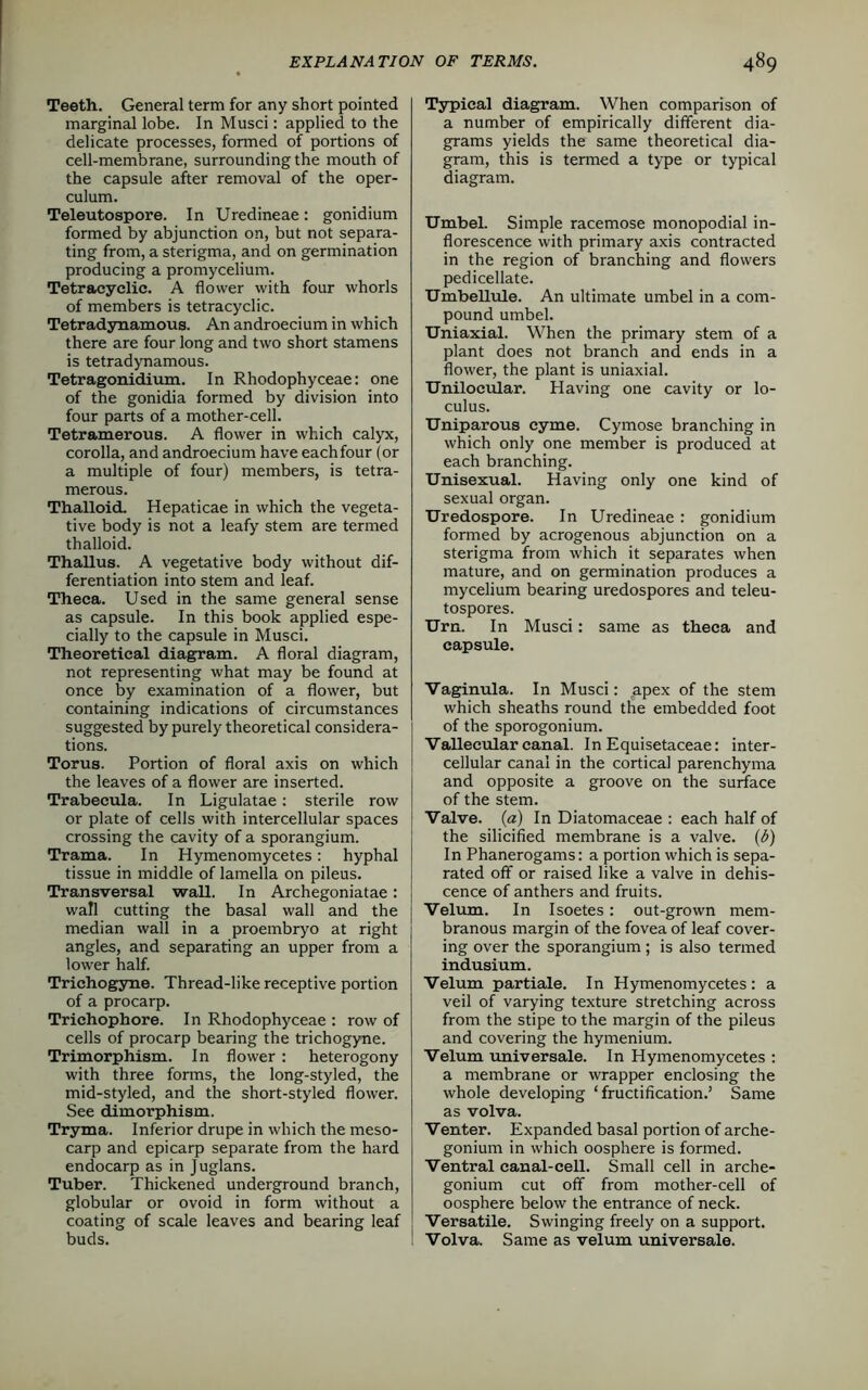 Teeth. General term for any short pointed marginal lobe. In Musci: applied to the delicate processes, formed of portions of cell-membrane, surrounding the mouth of the capsule after removal of the oper- culum. Teleutospore. In Uredineae: gonidium formed by abjunction on, but not separa- ting from, a sterigma, and on germination producing a promycelium. Tetracyclic. A flower with four whorls of members is tetracyclic. Tetradynamous. An androecium in which there are four long and two short stamens is tetradynamous. Tetragonidium. In Rhodophyceae: one of the gonidia formed by division into four parts of a mother-cell. Tetramerous. A flower in which calyx, corolla, and androecium have each four (or a multiple of four) members, is tetra- merous. Thalloid. Hepaticae in which the vegeta- tive body is not a leafy stem are termed thalloid. Thallus. A vegetative body without dif- ferentiation into stem and leaf. Theca. Used in the same general sense as capsule. In this book applied espe- cially to the capsule in Musci. Theoretical diagram. A floral diagram, not representing what may be found at once by examination of a flower, but containing indications of circumstances suggested by purely theoretical considera- tions. Torus. Portion of floral axis on which the leaves of a flower are inserted. Trabecula. In Ligulatae: sterile row or plate of cells with intercellular spaces crossing the cavity of a sporangium. Trama. In Hymenomycetes: hyphal tissue in middle of lamella on pileus. Transversal wall. In Archegoniatae: wall cutting the basal wall and the median wall in a proembryo at right angles, and separating an upper from a lower half. Trichogyne. Thread-like receptive portion of a procarp. Trichophore. In Rhodophyceae : row of cells of procarp bearing the trichogyne. Trimorphism. In flower : heterogony with three forms, the long-styled, the mid-styled, and the short-styled flower. See dimorphism. Tryma. Inferior drupe in which the meso- carp and epicarp separate from the hard endocarp as in Juglans. Tuber. Thickened underground branch, globular or ovoid in form without a coating of scale leaves and bearing leaf buds. Typical diagram. When comparison of a number of empirically different dia- grams yields the same theoretical dia- gram, this is termed a type or typical diagram. Umbel. Simple racemose monopodial in- florescence with primary axis contracted in the region of branching and flowers pedicellate. Umbellule. An ultimate umbel in a com- pound umbel. Uniaxial. When the primary stem of a plant does not branch and ends in a flower, the plant is uniaxial. Unilocular. Having one cavity or lo- culus. Uniparous cyme. Cymose branching in which only one member is produced at each branching. Unisexual. Having only one kind of sexual organ. Uredospore. In Uredineae : gonidium formed by acrogenous abjunction on a sterigma from which it separates when mature, and on germination produces a mycelium bearing uredospores and teleu- tospores. Urn. In Musci: same as theca and capsule. Vaginula. In Musci: apex of the stem which sheaths round the embedded foot of the sporogonium. Vallecularcanal. InEquisetaceae: inter- cellular canal in the cortical parenchyma and opposite a groove on the surface of the stem. Valve, («) In Diatomaceae : each half of the silicified membrane is a valve. (b) In Phanerogams: a portion which is sepa- rated off or raised like a valve in dehis- cence of anthers and fruits. Velum. In Isoetes: out-grown mem- branous margin of the fovea of leaf cover- ing over the sporangium; is also termed indusium. Velum partiale. In Hymenomycetes: a veil of varying texture stretching across from the stipe to the margin of the pileus and covering the hymenium. Velum universale. In Hymenomycetes : a membrane or wrapper enclosing the whole developing ‘fructification.’ Same as volva. Venter. Expanded basal portion of arche- gonium in which oosphere is formed. Ventral canal-cell. Small cell in arche- gonium cut off from mother-cell of oosphere below the entrance of neck. Versatile. Swinging freely on a support. Volva. Same as velum universale.