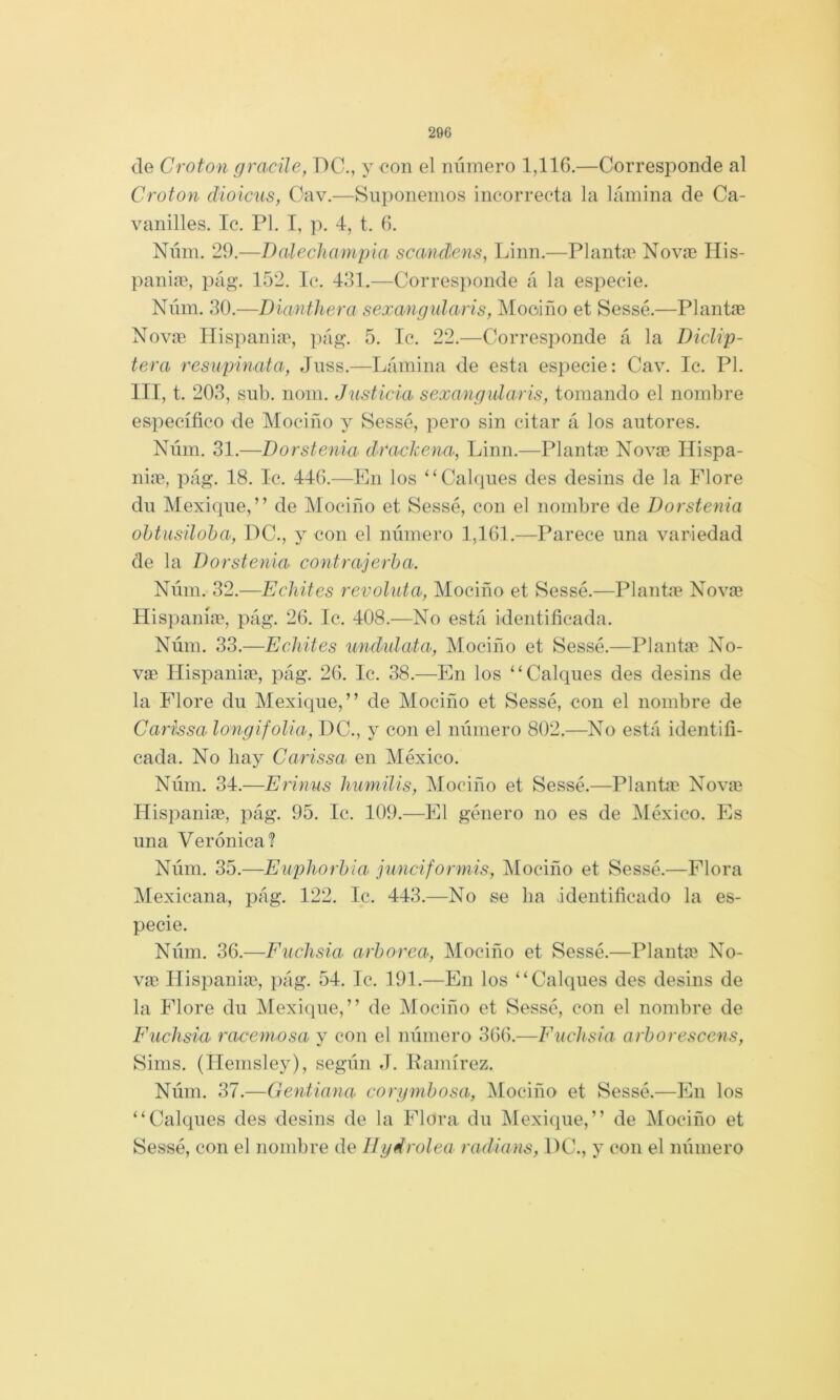 de Croton gracile, DC., y con el número 1,116.—Corresponde al Crofon dioicus, Oav.—Suponemos incorrecta la lámina de Ca- vanilles. Ic. Pl. T, p. 4, t. 6. Niíin. 29.—DalecJianipia scandens, Linn.—Plantan Novai His- panice, pág. 152. le. 431.—Corresponde á la especie. Nnm. 30.—Dianthera sexangidaris, IMooiño et Sessé.—Plantee Novee IIispania% pág. 5. Te. 22.—Corresponde á la Diclip- tera resupinata, Juss.—Lámina de esta especie: Cav. Ic. Pl. III, t. 203, sub. nom. Justicia sexangidaris, tomando el nombre específico de Mociño y Sessé, pero sin citar á los autores. Núin. 31.—Dorstenia drackena, Linn.—Plantee Novas Hispa- niee, pág. 18. Ic. 44G.—En los Calques des desins de la Flore du Mexique,” de Mociño et Sessé, con el nombre de Dorstenia ohtusiloha, PC., y con el número 1,161.—Parece una variedad de la Dorstenia contrajerba. Núm. 32.—Ecliites revoluta, Mociño et Sessé.—Plantee Novas HispaníiT, pág. 26. Ic. 408.—No está identificada. Núm. 33.—Echites undulata, Mociño et Sessé.—Plantas No- vas Plispaniee, pág. 26. Ic. 38.—En los ‘‘Calques des desins de la Plore du Mexique,” de Mociño et Sessé, con el nombre de Carissa longifolia, DC., y con el número 802.—No está identifi- cada. No hay Carissa en México. Núm. 34.—Erimis humilis, Mociño et Sessé.—Plantas Novee Hispaniee, pág. 95. Ic. 109.—El género no es de México. Es una Verónica? Núm. 35.—Euphorhia jiinciformis, Mociño et Sessé.—Flora Mexicana, pág. 122. Ic. 443.—No se lia Identificado la es- pecie. Núm. 36.—Fuchsia arbórea, Mociño et Sessé.—Plantíe No- vas Ilispanias, })ág. 54. Ic. 191.—En los “Calques des desins de la Flore du Mexique,” de Mociño et Sessé, con el nombre de Euchsia racemosa y con el número 366.—Euebsía arborescens, Sims. (Hemsley), según J. Ramírez. Núm. 37.—Gentiana corgmbosa, IMociño et Sessé.—En los “Calques des desins de la Flora du IMexique,” de Mociño et Sessé, con el nombre de 11 ydrotea radians, DC., y con el número