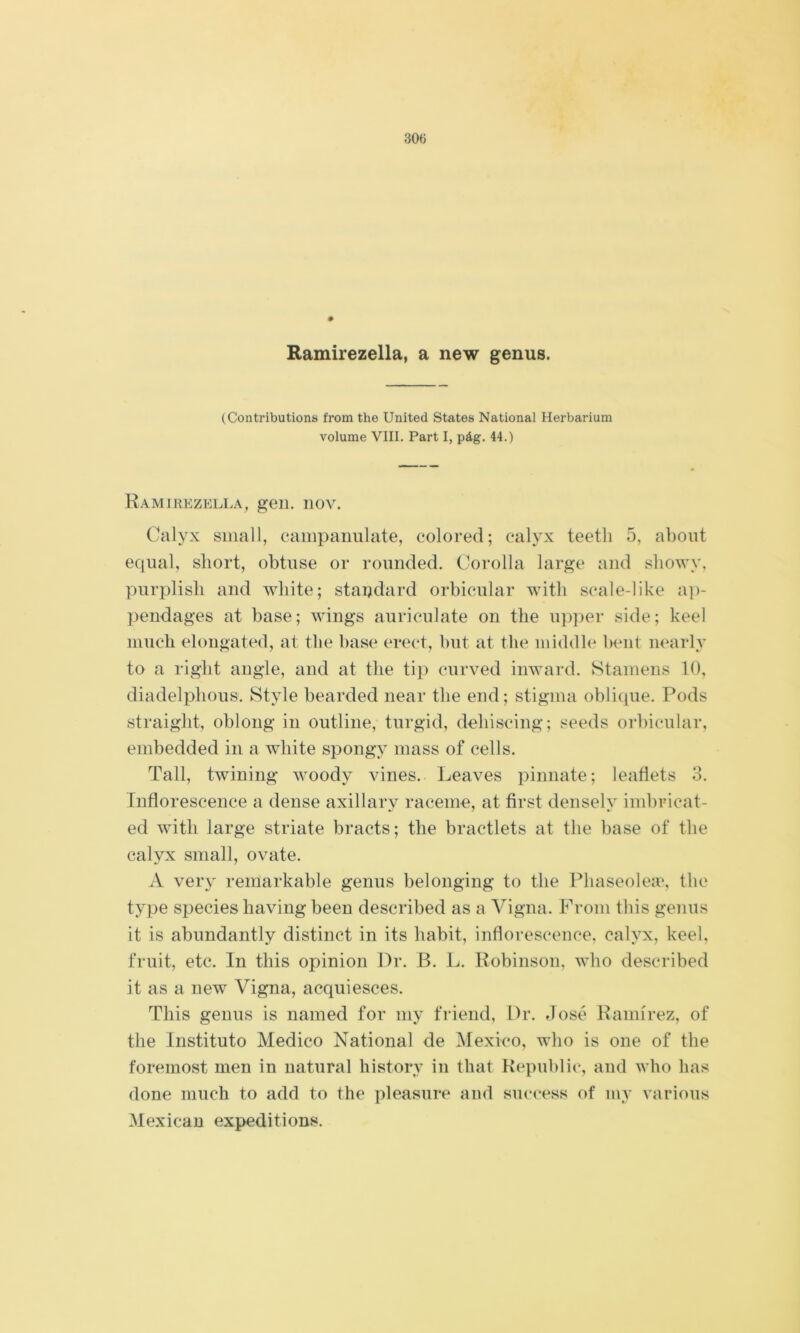 Ramirezella, a new genus. (Contributions from the United States National Herbarium volume VIII. Part I, pág. 44.) Ramihezell.a, gen. nov. Calyx sinall, campanulate, colored; ealyx teetli 5, aboiit eqiial, sliort, obtnse or rounded. Corolla large and sliowy, pnrplisli and wliite; standard orbicular witli scale-like a])- pendages at base; ^Yings auriculate on the njijier side; keel innch elongatíHl, at tlie base erect, bnt at the niiddh* bent nearly to a right angle, and at the tip cnrved inward. Stainens 10, diadelplions. Btyle bearded near the end; stigina obliipie. Pods straiglit, oblong in outline, tnrgid, deliiscing; seeds orbicnlar, embedded in a white spongy inass of cells. Tall, twining woody vines. Leaves pinnate; leaflets 3. Tnflorescence a dense axillarv ráceme, at first denselv imbricat- ed with large striate bracts; the bractlets at the base of the calyx sinall, o vate. A very remarkable gemís belonging to the Phaseolea\ the type species having been described as a Vigna. From this gemís it is abundantly distinct in its habit, inflorescence, calyx, keel, fruit, etc. In this opinión Dr. B. L. Robinson, who described it as a new Vigna, acquiesces. This gemís is named for niy friend, Dr. dosé Ramírez, of the Instituto Medico National de México, who is one of the foremost men in natural history in that Republic, and who has done miich to add to the pleasiire aml suc(*ess of my varions Mexican expeditions.