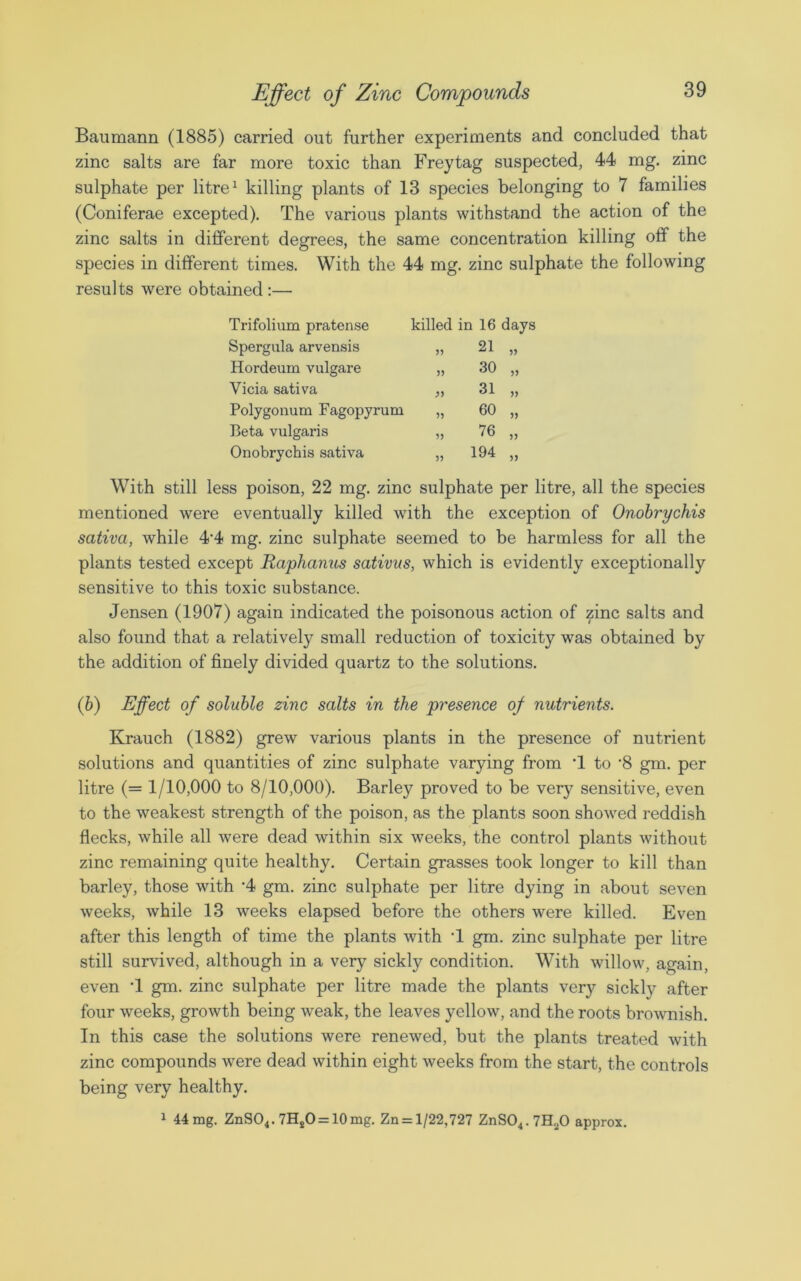 Baumann (1885) carried out further experiments and concluded that zinc salts are far more toxic than Frey tag suspected, 44 mg. zinc sulphate per litre1 killing plants of 13 species belonging to 7 families (Coniferae excepted). The various plants withstand the action of the zinc salts in different degrees, the same concentration killing off the species in different times. With the 44 mg. zinc sulphate the following results were obtained :— Trifolium pratense killed in 16 days Spergula arvensis J5 21 Hordeum vulgare 30 Vicia sativa 31 Polygonum Fagopyrum 60 Beta vulgaris 76 55 Onobrychis sativa 5? 194 55 W7ith still less poison, 22 mg. zinc sulphate per litre, all the species mentioned were eventually killed with the exception of Onobrychis sativa, while 4'4 mg. zinc sulphate seemed to be harmless for all the plants tested except Raphanus sativus, which is evidently exceptionally sensitive to this toxic substance. Jensen (1907) again indicated the poisonous action of zinc salts and also found that a relatively small reduction of toxicity was obtained by the addition of finely divided quartz to the solutions. (b) Effect of soluble zinc salts in the presence of nutrients. Krauch (1882) grew various plants in the presence of nutrient solutions and quantities of zinc sulphate varying from T to ’8 gm. per litre (= 1/10,000 to 8/10,000). Barley proved to be very sensitive, even to the weakest strength of the poison, as the plants soon showed reddish flecks, while all were dead within six weeks, the control plants without zinc remaining quite healthy. Certain grasses took longer to kill than barley, those with ’4 gm. zinc sulphate per litre dying in about seven weeks, while 13 weeks elapsed before the others were killed. Even after this length of time the plants with T gm. zinc sulphate per litre still survived, although in a very sickly condition. With willow, again, even T gm. zinc sulphate per litre made the plants very sickly after four weeks, growth being weak, the leaves yellow, and the roots brownish. In this case the solutions were renewed, but the plants treated with zinc compounds were dead within eight weeks from the start, the controls being very healthy. 1 44 mg. ZnS04. 7HsO = 10mg. Zn = 1/22,727 ZnS04.7H20 approx.
