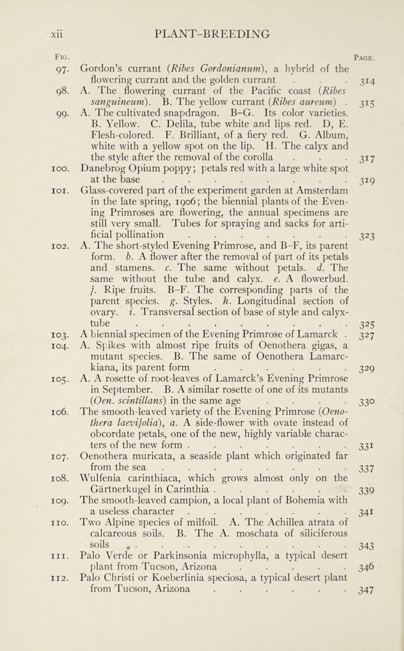 Fig. 97. Gordon’s currant (Ribes Gordonianum), a hybrid of the flowering currant and the golden currant 98. A. The flowering currant of the Pacific coast (Ribes sanguineum). B. The yellow currant (Ribes aureum) . 99. A. The cultivated snapdragon. B-G. Its color varieties. B. Yellow. C. Delila, tube white and lips red. D, E. Flesh-colored. F. Brilliant, of a fiery red. G. Album, white with a yellow spot on the lip. H. The calyx and the style after the removal of the corolla 100. Danebrog Opium poppy; petals red with a large white spot at the base ........ 101. Glass-covered part of the experiment garden at Amsterdam in the late spring, 1906; the biennial plants of the Even- ing Primroses are flowering, the annual specimens are still very small. Tubes for spraying and sacks for arti- ficial pollination ....... 102. A. The short-styled Evening Primrose, and B-F, its parent form. b. A flower after the removal of part of its petals and stamens, c. The same without petals, d. The same without the tube and calyx, e. A flowerbud. /. Ripe fruits. B-F. The corresponding parts of the parent species, g. Styles, h. Longitudinal section of ovary, i. Transversal section of base of style and calyx- tube ......... 103. A biennial specimen of the Evening Primrose of Lamarck . 104. A. Spikes with almost ripe fruits of Oenothera gigas, a mutant species. B. The same of Oenothera Lamarc- kiana, its parent form ...... 105. A. A rosette of root-leaves of Lamarck’s Evening Primrose in September. B. A similar rosette of one of its mutants (Oen. scintillans) in the same age .... 106. The smooth-leaved variety of the Evening Primrose (Oeno- thera laevifolia), a. A side-flower with ovate instead of obcordate petals, one of the new, highly variable charac- ters of the new form ....... 107. Oenothera muricata, a seaside plant which originated far from the sea ........ 108. Wulfenia carinthiaca, which grows almost only on the Gartnerkugel in Carinthia ...... 109. The smooth-leaved campion, a local plant of Bohemia with a useless character ....... no. Two Alpine species of milfoil. A. The Achillea atrata of calcareous soils. B. The A. moschata of siliciferous soils # . in. Palo Verde or Parkinsonia microphylla, a typical desert plant from Tucson, Arizona ..... 112. Palo Christ! or Koeberlinia speciosa, a typical desert plant from Tucson, Arizona ...... Page, 3r4 3r5 3T7 319 323 325 327 329 33° 33i 337 339 34i 343 346 347