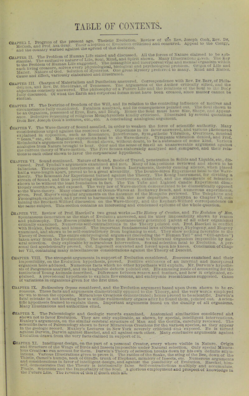 TABLE OF CONTENTS. „ lTVflT,_, T tUo present ago. Thelstic Evolution. Review of tlTe Rov. Joseph Cook, Bov. Dr. ° McCosh anTl’rof A^a Gray T.ieira lopUoa m Evolution criticised and censured. Appeal to the Clergy, andtne countryworned against the spread of this doctrine. „ Tiie Problem of numan Life stated and discuss.-1. All the forces of Nature claimed to be sab- TI fenUt tiivo nature of Lite, Soul. Mind, and Spirit shown. Many Illustration.. u. The ly y staullaL rlenU.1. j if ttucuL^ted TUo intangible and incorporeal vital and imma! v rguuism within blolog.eai ,nd p,ychol,glcal problem. Origin of Life and Matter. Nature of (Sod. Solution of Mysteries. One great Mystery i-refern. i to mau>. Mind and Main t. Cause and Effect, variously elaborated aud illustrated. nutPTFR ill Charges of Materialism and Pantheism answer,. 1. Correspondence with It, v Dr. Barr, of Phila- CUAPTi.it in. v - shrilr ike .,f Tennessee. Tno Arguments ,,; the Author critically silled, utid tl.o S.S“ i.'.ph.haopby of a Future 1.11, , at. l a-oMhefioU Judy distTussod. Of wuat the Earth aud corporeal tonus must lmvo been created, since mailer cannot bo eternal. niAPTFP IV The Doetrlno of freodom of tho Will, and Its relation to the controlIng Influence of motive* and c, -. ..“nisiaii. Uy ,-.... 1 l. Fata i a naequenees pointed out , hown to be iin (Jrgamsni, pressed of Eye- . Ear., and Drain. H. nee the Soul must have Size. SI, m . mid An ear- » i v l,i.. ■;,v.- re , . ■1 *. . - M' tai h.vMefsts kindly cmi.'is,** . niusirated by several quotations from ltev. Joseph Cook s lectures, etc., etc. A concluding analogical argument. CitAPTFn V Tho Wave-theory of Sound avvaiU-d. In order to weaken the force of scientific authority. Many ^widderaUous urged against the received view. objections In ita f< explained In opinion, such ns It. ...mam Interference. S>m,at he tie Mbrall. n, Ovirttues, musical beats  etc etc Mag.ixlno expl.isi-,ns fatal to tli< Wave-theory. Tympanic vibration domed, and Prof. Helmholtz's arguments reviewed. Sound shown, without doubt, to Is- a subsianc, ,-r s-.n.c nind. Vi.rlora analogies from Nature brought to bear. Odor oud the h.-nse of Hiuell an unanswerable aigumeut against the current theory of Wave-motion. The Five Senses etnl-rnuly analyzed and compared, and llit.r rela- tions to oach oLhor shown to favor tho corpuscular hypothesis. CHAPTER VI. Sound continued. Nature of Sound, m.-doof Travel, js-netratlon In 8 lids and Liquids,etc., dis- cussed Prof Tyn liill's arguments lima1 i and ii '. Many of hlapoalUona reviewed aud shown I ba fallacious. Tbesup|»>sed iuteriereiico of two Unit- n Instruments, thereby cuu.-mg alienee, v/hen placed halt u wave-length apart, proved to b-- a gr.- p. al -urdlty. The Doubh-stri-u 1 x] > run, nt falul t,. ill* ttuve- theory. The Resonant Jar Experiment turn,- 1 against tho Theory. The honlg Instrument, for dividing a stream of Sound, and thus producing silence by mterfer. « .'..•mill , d. and the atuu-nicnts of Hclentlrii) shown to bo without tho least foundation In fact. The Tiu 'Put, n: Lighted Candl, Experiment dlsoa- troualy overthrown,and expos I Tho very n <!»nnu sm , ,! t>. !„■ ,i,.tin,Mri,-ui , . to the Wave-theory, rations of Ocean-Waves at Bockaway Beach, and numerous experiments. Clvcii. Prof. Mayer's singular arguments on tho Auteui. • of the M ,|Ult,> reviewed. Tie Telej I., • ,• arid Vnonograph explained, an 1 proved to harmonize w ith the new ,i> i- rture. am : xda to Chapter VI, con- taining the Brockott-Wllford discussion on the Wave-th >ry, ami U. K« i hnrt-WIlford corrcsj-ondence on the same subject. This section contains an Interesting and coudciis, d epitome of tlio whole qucMiuu. Cha pteh VII. Review of Prof. Haeckel's two great works.— Tht Jh*tiry of Crratwn, and Thf EnAttbm of ifmt. Spontaneous Generation as the start of Ev,,luii,,.i an-v.crcd, and Its nin-r Imi sslblllty shown by rcaiou uml philosophy. Tho M.mero* (claimed to be the spontaneously g neinu d l nn nt of all oilier organisms) critically examined. Numerous scii-contradlci: a In the Tin ery 11 luted out. Prof. Haeckel In c< i.filet with Huxley, Darwin, aud lilmsclf. The imi-rtant fundamental laws of Ontogeny, Phylogeny, and Blogcny examined, and shown to bo self-contradictory Ir iu beginning to end. They show n<. hing favorable to tlio Theory of Descent. The entire embryological argumci t (Including ihe “ Human Tail” and Gill-arches ) taken away from the Evolutionist. The change Irom Bisexual to t'nisexual Organism Impossible by nat- ural selection. Only explicable by miraculous Intervention. Sexual selection fatal to Evolution. A per- sonal God apodeictlcally proved. Col. Ingersoll convicted and forced u)>nn his knees. Conclusion of Chapi- ter VII, coutaluing many miscellaneous considerations against the Theory of Descent. CHAPTER VIII. The strongest arguments in support of Evolution considered. Betersimu examined and their Impossibility, on the Evolution hypothesis, proved. Positive evidences of an internal and Incorporeal organism lioro adduced. Numerous facts which no other hypothesis will explain. Mr. Darwin's hypothe- sis of Paugeuesis analyzed, and its laughable defects pointed out. His amusing modo of accounting for tho Instincts of Young Animals described. Difference between reason and Instinct, and ho,w it originated, ex- plained. A provisional hypothesis to explain Reversions, and embryonic resemblances suggested. Cause of variations in organisms given for the first timo. Chapter IX. RwUmaitary Organs considered, and the Evolution argument based upon them shown to be er- roneous. These facts and arguments diametrically opposed to the Theory, and the very words employed sh'-wu to mean tho opposite. Miraculous Creations demonstrated; hcnco proved to be scientific. Darwin’s fatal mistake in not knowing how to utilize rudimentary organs after l:o found them, pointed out. Ascien- tifle hypothesis framed to explain them. Important arguments based on the duality of all organisms. Many Illustrations aud authorities cited. Chapter X The Paleontologic and Geologic records examined. Anatomical similarities considered and shown not to favor Evolution. They are only explicable, as shown, by special, intelligent interventions. Huxley's arguments, on tho similar cerebral structure of Man and tho Gorilla, carefully reviewed. Tho scientific facts of Paleontology shown to favor Miraculous Creations for the various species, as they appear In the geologic record. Huxley’s Lectures in New York severely criticised ami exposed. He Is turned against Darwin, Darwin against Haeckel, and all against each other. Many conclusive arguments against Evolution drawn from the very facts claimed in support of it. Chapter XI. Intelligent design, on the part of a personal Creator, every where visible in Nature. Origin and Structure of the Wings of Birds and Insects impossible under Natural selection. Only special Miracu- lous Creatioms can account for them. Darwin's Theory of selection breaks down by his own definite stlj u- lations. Various Illustrations given to prove it. The rattles of the Snake, the sting of tho Bee, down of tlio Thistle. Camel's humps, neck of Giraffe, trunk of Elephant, mimicry of Insects, etc. Numerous arguments and considerations In favor of intelligent design, and against the possibility of Evolution. Haeckel, him- (“'If. demonstrates that tho Theory Is Intrinsically false Self-contradictions multiply and accumulate Finale. Scientists and the Immortality of the Sou). A glorious employment and prospect of knowledge iii the Future Life, TUo reverse of this If. death ends all. °