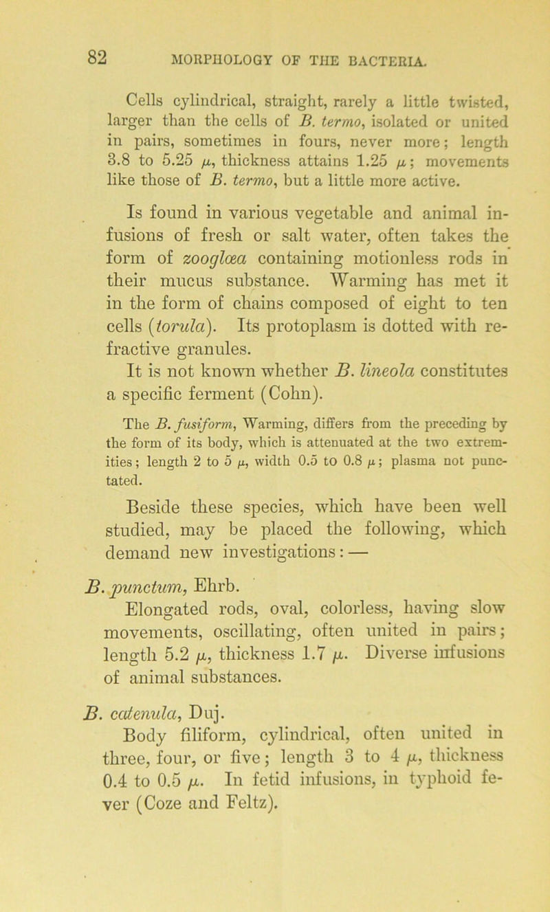 Cells cylindrical, straight, rarely a little twisted, larger than the cells of B. termo, isolated or united in pairs, sometimes in fours, never more ; length 3.8 to 5.25 yti, tkickness attains 1.25 /jl ; movements like those of B. termo, but a little more active. Is foimcl in various vegetable and animal in- fusions of fresh or sait water, often takes the form of zooglœa containing motionless rods in their mucus substance. Warming has met it in the form of chains composed of eight to ten cells (torula). Its protoplasm is dotted with re- fractive granules. It is not known whether B. lineola constitutes a spécifie ferment (Colin). The B. fusiform, Warming, diiïers froin the preceding by the form of its body, which is attenuated at the two extrem- ities ; length 2 to 5 /x, width 0.5 to 0.8 p. ; plasma not punc- tated. Beside these species, which hâve been well studied, may be placed the following, which demand new investigations : — B. 'punctum, Ehrb. Elongated rods, oval, colorless, having slow movements, oscillating, often united in pairs ; length 5.2 /x, thickness 1.7 /x. Diverse infusions of animal substances. B. ccdenulci, Duj. Body filiform, cylindrical, often united in three, four, or five ; length 3 to 4 /x, thickness 0.4 to 0.5 /x. In fetid infusions, in typlioid fe- ver (Coze and Feltz).