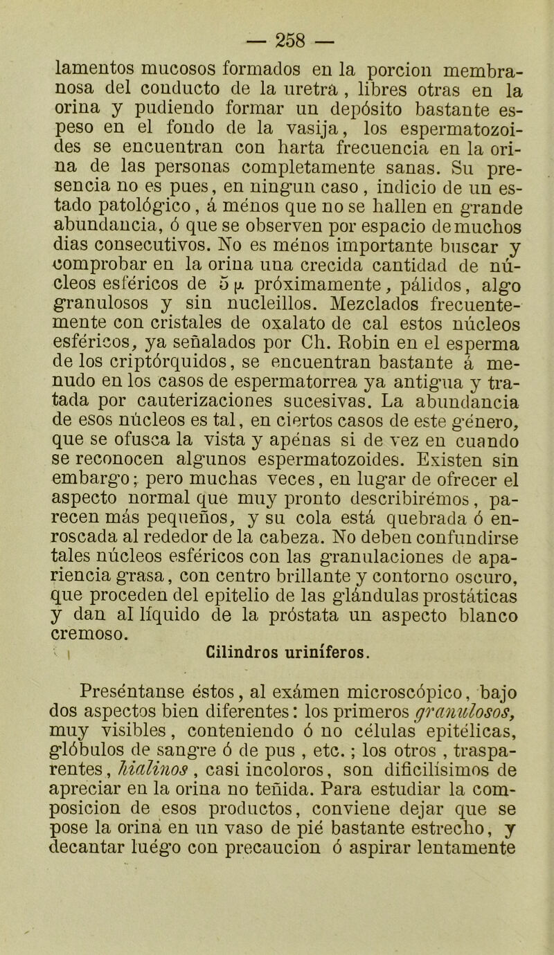 lamentos mucosos formados en la porcion membra> nosa del conducto de la iiretra , libres otras en la orina y pudiendo formar un depôsito bastante es- peso en el fonde de la vasija, los espermatozoi- des se encuentran con harta frecuencia en la ori- na de las personas completamente sanas. Su pre- sencia no es pues, en ning*un caso , indicio de un es- tado patolôg-ico, â ménos que no se hallen en grande abundancia, à que se observen por espacio demuchos dias consecutives. No es ménos importante buscar y comprobar en la orina una crecida cantidad de nù- cleos esféricos de 5 [j, prôximamente, pâlidos, algo granulosos y sin nucleillos. Mezclados frecuente- mente con cristales de oxalato de cal estos nùcleos esféricos, ya senalados por Ch. Robin en el esperma de los criptôrquidos, se encuentran bastante â me- nudo en los casos de espermatorrea ya antigua y tra- tada por cauterizaciones sucesivas. La abundancia de esos nùcleos es tal, en ciertos casos de este género, que se ofusca la vista y apénas si de vez en cuando se reconocen algunos espermatozoides. Existen sin embargo ; pero muchas veces, en lugar de ofrecer el aspecto normal que muy pronto describirémos, pa- recen mas pequenos, y su cola estâ quebrada à en- roscada al rededor de la cabeza. No debeu confundirse taies nùcleos esféricos con las granulaciones de apa- riencia grasa, con centro brillante y contorno oscuro, que proceden del epitelio de las glândulas prostâticas y dan al liquide de la prôstata un aspecto blanco cremoso. 1 Cilindros uriniferos. Preséntanse éstos, al exàmen microscdpico, bajo dos aspectos bien diferentes : los primeros grantùlosos, muy visibles, conteniendo ô no células epitélicas, glbbulos de sangre ô de pus , etc. ; los otros , traspa- rentes, Jiiaïinos , casi incolores, son dificilisimos de apreciar en la orina no tenida. Para estudiar la com- posicion de esos productos, conviene dejar que se pose la orina en un vaso de pié bastante estreclio, y decantar luégo con precaucion 6 aspirar lentamente