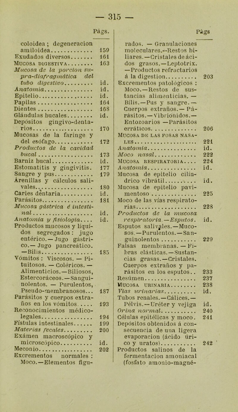 Pâgs. coloidea; degeneracion amiloidea 159 Exudados diversos 161 MuCOSA DIGESTIVA 163 Mucosa de la porcion su- pra-diafragmàtica del tubo digestiüo id. knatomïa id. Epitelio id. Papilas 164 Dientes 16S Glàiidulas i)ucales id. Depôsitos gingivo-denta- rios 170 Mucosas de la faringe y del esôfago 172 Productos de la cavidad bucal 173 Barniz bucal id. Estomatitis y gingivitis. 177 Sangre y pus 179 Àrenillas y calcules sali- vales 180 Caries dèntaria id. Parasites 181 Mucosa gdstrica é intesti- nal id. Anatomia y fisiologia.... id. Preductes muceses y liqui- des segregades: juge eutérice.—Juge gàstri- ce.— Juge pancreàtice. —Bilis 185 Vômites ; Visceses. — Pi- tuiteses, — Gelérices. — Alimenticies. —Bilieses, Esterceràcees. —Sangui- nelentes. — Purulentes, Pseude-membraneses... 187 Parasites y cuerpes extra- nes en les vômites 193 Receneciraientes médice- legales 194 Fistulas intestinales 199 Materias fecales 200 Examen macrescôpice y micrescépice id. Mecenie 202 Excrementes nermales : Mece. —Elementos figu- Pigs rades. — Granulacienes melcculares.—Restes bi- liares.—Gristales de aci- des grases. —Leptetrix. —Preductes refractaries à la digestien 203 Excrementes patelôgices : Mece.—Restes de sus- tancias alimenticias. — Bilis. —Pus y sangre.— Cuerpes extranes.— Pa- rasites.— Vibrienides.— Entezearies —Parasites erràtices 206 MUCeSA Dli LAS POSAS NASA- LES 221 Anatomia id. Moco nasal 222 Mucosa respiratoria. ... 224 Anatomia id. Mucosa de epitelio cilin- drico vibràtil id. Mucosa de epitelio pavi- mentoso 225 Moco de las vias respirato- rias 228 Productos de la mucosa respiratoria—Esputos. id. Esputos saliv^les. —Muco- sos.—Purulentes.—San- guinolentes 229 Falsas membranas. — Fi- bras elâsticas. —Sustan- cias grasas. —Gristales. Cuerpes extranos y pa- rasites en les esputos.. 233 Resümen 237 Mucosa urinaria 238 Vias urinarias id. Tubes renales. — Gàlices.— Pélvis. —Uréter y vejiga id. Orina normal 240 Gélulas epitélicas y moco. 241 Depôsitos obtenidos à con- secuencia de una ligera evaporacion (acide üri- co y uratos) 242 Productos salines de la fermentacion amoniacal (fosfato amonio-magné-