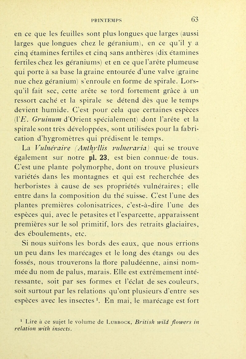 en ce que les feuilles sont plus longues que larges (aussi larges que longues chez le géranium), en ce qu’il y a cinq étamines fertiles et cinq sans anthères (dix étamines fertiles chez les géraniums) et en ce que l’arête plumeuse qui porte à sa base la graine entourée d’une valve (graine nue chez géranium) s’enroule en forme de spirale. Lors- qu’il fait sec, cette arête se tord fortement grâce à un ressort caché et la spirale se détend dès que le temps devient humide. C’est pour cela que certaines espèces (VE. Gruinum d’Orient spécialement) dont l’arête et la spirale sont très développées, sont utilisées pour la fabri- cation d’hygromètres qui prédisent le temps. La Vulnéraire (Anthyllis vulneraria) qui se trouve également sur notre pl. 23, est bien connue de tous. C’est une plante polymorphe, dont on trouve plusieurs variétés dans les montagnes et qui est recherchée des herboristes à cause de ses propriétés vulnéraires; elle entre dans la composition du thé suisse. C’est l’une des plantes premières colonisatrices, c’est-à-dire l’une des espèces qui, avec le petasites et l’esparcette, apparaissent premières sur le sol primitif, lors des retraits glaciaires, des éboulements, etc. Si nous suivons les bords des eaux, que nous errions un peu dans les marécages et le long des étangs ou des fossés, nous trouverons la flore paludéenne, ainsi nom- mée du nom de palus, marais. Elle est extrêmement inté- ressante, soit par ses formes et l’éclat de ses couleurs, soit surtout par les relations qu’ont plusieurs d’entre ses espèces avec les insectes h En mai, le marécage est fort 1 Lire à ce sujet le volume de Lubbock, British wild flowers in relation witlr insects.