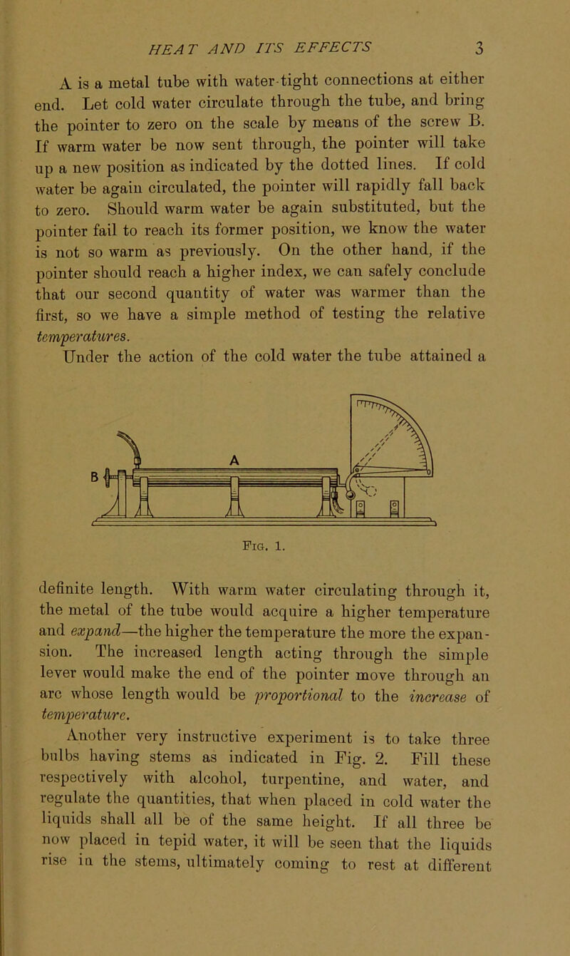 A is a metal tube with water-tight connections at either end. Let cold water circulate through the tube, and bring the pointer to zero on the scale by means of the screw B. If warm water be now sent through, the pointer will take up a new position as indicated by the dotted lines. If cold water be again circulated, the pointer will rapidly fall back to zero. Should warm water be again substituted, but the pointer fail to reach its former position, we know the water is not so warm as previously. On the other hand, if the pointer should reach a higher index, we can safely conclude that our second quantity of water was warmer than the first, so we have a simple method of testing the relative temperatures. Under the action of the cold water the tube attained a definite length. With warm water circulating through it, the metal of the tube would acquire a higher temperature and expand—the higher the temperature the more the expan- sion. The increased length acting through the simple lever would make the end of the pointer move through an arc whose length would be proportional to the increase of temperature. Another very instructive experiment is to take three bulbs having stems as indicated in Fig. 2. Fill these respectively with alcohol, turpentine, and water, and regulate the quantities, that when placed in cold water the liquids shall all be of the same height. If all three be now placed in tepid water, it will be seen that the liquids rise iu the stems, ultimately coming to rest at different