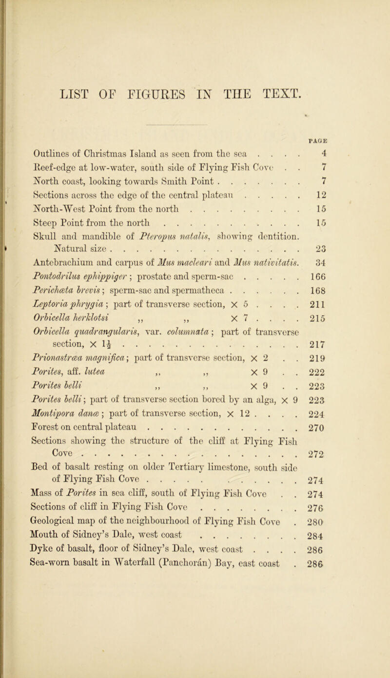 LIST OF FIGURES IN TIIE TEXT. PAGE Outlines of Christmas Island as seen from the sea .... 4 Beef-edge at low-water, south side of Flying Fish Cove . . 7 North coast, looking towards Smith Point 7 Sections across the edge of the central plateau 12 North-West Point from the north 15 Steep Point from the north 15 Skull and mandible of Pteropus natal is, showing dentition. Natural size 23 Antebrachium and carpus of Mas macleari and Mus nativitatis. 34 Poniodrilus ephippiger ; prostate and sperm-sac 166 Periclueta brevis; sperm-sac and spermatheca 168 Leptoria pJirygia ; part of transverse section, X 5 . . . . 211 Orbicella herlclotsi ,, ,, x 7 .... 215 Orbicella quadrangular is, var. columnata; part of transverse section, X 1£ 217 Prionastrcea magnijica; part of transverse section, x 2 . . 219 Pontes, aff. lutea ,, ,, x 9 222 Porites belli ,, ,, X 9 . . 223 Porites belli; part of transverse section bored by an alga, X 9 223 Montipora dance-, part of transverse section, x 12 . . . . 224 Forest on central plateau 270 Sections showing the structure of the cliff at Flying Fish Cove 272 Bed of basalt resting on older Tertiary limestone, south side of Flying Fish Cove 274 Mass of Porites in sea cliff, south of Flying Fish Cove . . 274 Sections of cliff in Flying Fish Cove 276 Geological map of the neighbourhood of Flying Fish Cove . 280 Mouth of Sidney’s Dale, west coast 284 Dyke of basalt, floor of Sidney’s Dale, west coast . . . . 286 Sea-worn basalt in Waterfall (Panchoran) Bay, east coast . 286