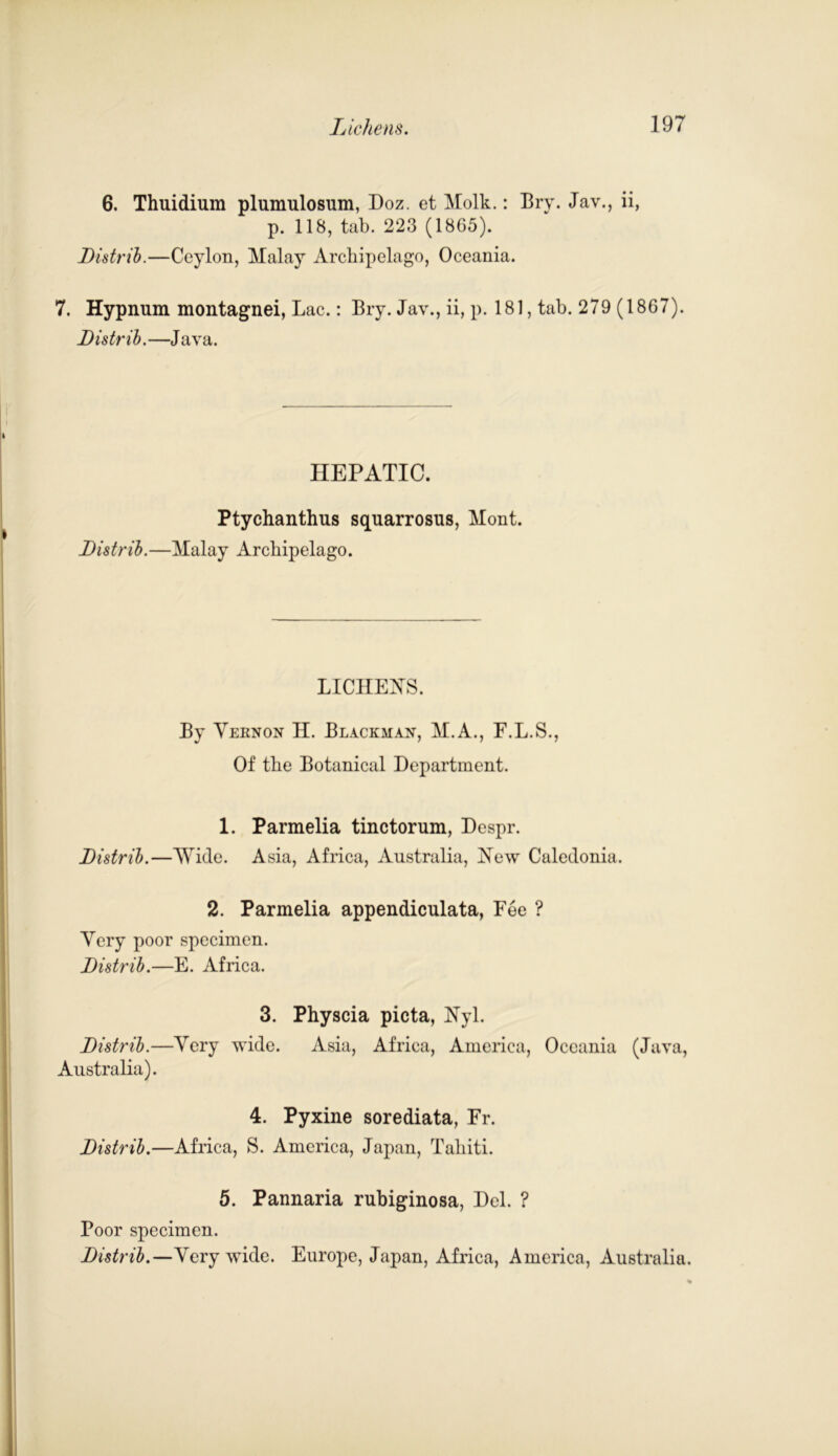 6. Thuidium plumulosum, Doz. et Molk.: Bry. Jav., ii, p. 118, tab. 223 (1865). Listrib.—Ceylon, Malay Archipelago, Oceania. 7. Hypnum montagnei, Lac.: Bry. Jay., ii, p. 181, tab. 279 (1867). Listrib.—Java. HEPATIC. Ptychanthus squarrosus, Mont. Listrib.—Malay Archipelago. LICHENS. By Veknon H. Blackman, M.A., F.L.S., Of the Botanical Department. 1. Parmelia tinctorum, Despr. Listrib.—AVide. Asia, Africa, Australia, New Caledonia. 2. Parmelia appendiculata, Fee ? Very poor specimen. Listrib.—E. Africa. 3. Physcia picta, Nyl. Listrib.—Very wide. Asia, Africa, America, Oceania (Java, Australia). 4. Pyxine sorediata, Fr. Listrib.—Africa, S. America, Japan, Tahiti. 5. Pannaria rubiginosa, Del. ? Poor specimen. Listrib.—Very wide. Europe, Japan, Africa, America, Australia.