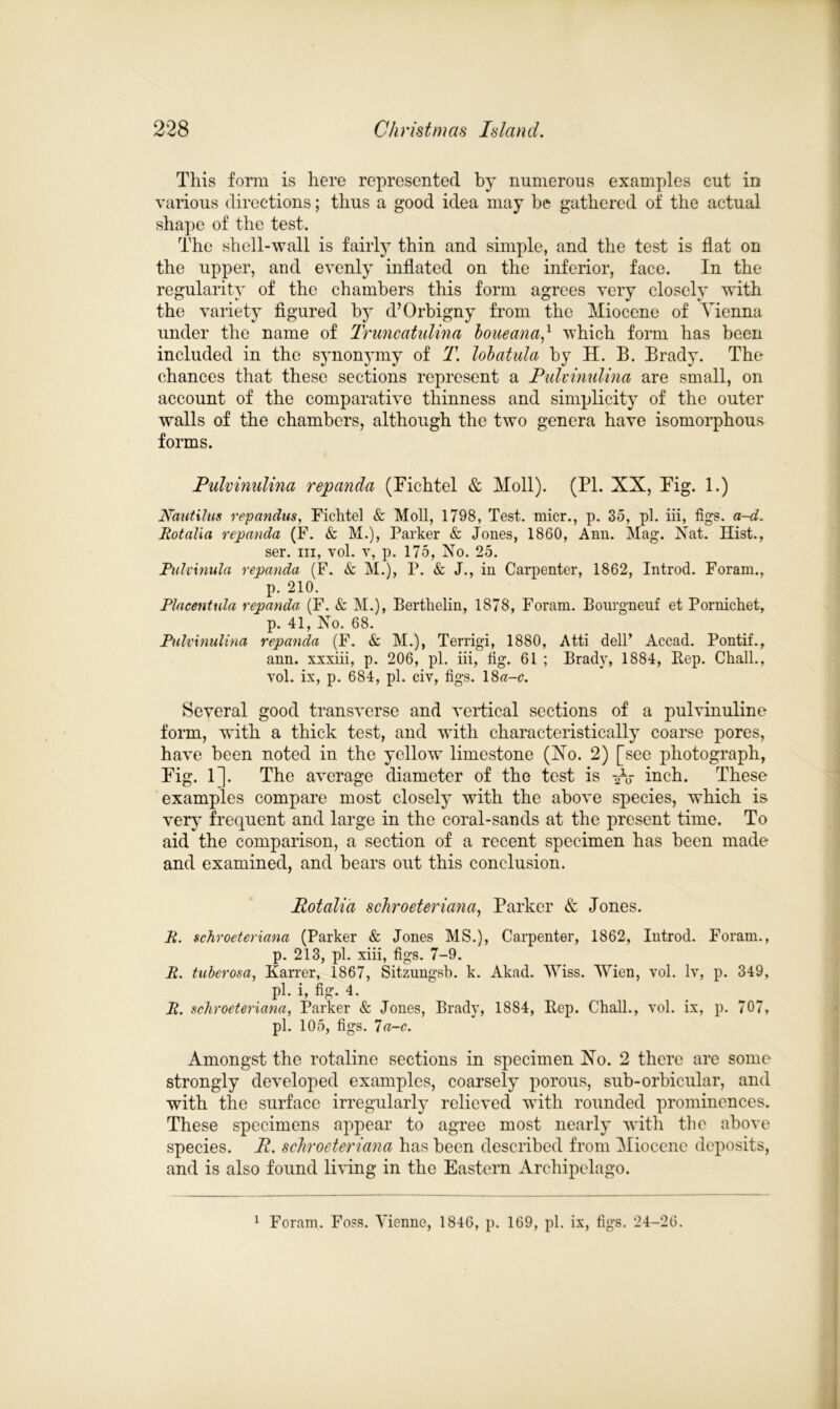This form is here represented by numerous examples cut in various directions; thus a good idea may be gathered of the actual shape of the test. The shell-wall is fairly thin and simple, and the test is flat on the upper, and evenly inflated on the inferior, face. In the regularity of the chambers this form agrees very closely with the variety figured by d’Orbigny from the Miocene of Vienna under the name of Truncatidina loueana/ which form has been included in the synonymy of T. lobatulci by H. B. Brady. The chances that these sections represent a Ridvimdina are small, on account of the comparative thinness and simplicity of the outer walls of the chambers, although the two genera have isomorphoufv forms. Rulvinulina repanda (Fichtel & Moll). (PI. XX, Pig. 1.) Nautilus repanclus, Fichtel & Moll, 1798, Test, micr., p. 35, pi. iii, figs. a~d. Rotalia repanda (F. <fc M.), Parker & Jones, 1860, Ann. Mag. Nat. Hist., ser. hi, yoI. y, p. 175, No. 25. Pulvinula repanda (F. & M.), P. & J., in Carpenter, 1862, Introd. Foram., p. 210. Placentula repanda (F. & M.), Berthelin, 1878, Foram. Bourgneuf et Pornichet, p. 41, No. 68. Pulvinulina repanda (F. & M.), Terrigi, 1880, Atti dell’ Accad. Pontif., ann. xxxiii, p. 206, pi. iii, fig. 61 ; Brady, 1884, Hep. Chall., vol. ix, p. 684, pi. civ, figs. 18a-c. Several good transverse and vertical sections of a pulvinuline form, with a thick test, and with characteristically coarse pores, have been noted in the yellow limestone (Xo. 2) [see photograph, Fig. 1]. The average diameter of the test is inch. These examples compare most closely with the above species, which is very frequent and large in the coral-sands at the present time. To aid the comparison, a section of a recent specimen has been made and examined, and bears out this conclusion. Rotalia schroeteriana, Parker & Jones. R. schroeteriana (Parker & Jones MS.), Carpenter, 1862, Introd. Foram., p. 213, pi. xiii, figs. 7-9. R. tuberosa, Karrer, 1867, Sitzungsb. k. Akad. Wiss. Wien, vol. lv, p. 349, pi. i, fig. 4. R. schroeteriana, Parker & Jones, Brady, 1884, Rep. Chall., vol. ix, p. 707, pi. 105, figs. 7a-c. Amongst the rotaline sections in specimen Xo. 2 there are some strongly developed examples, coarsely porous, sub-orbicular, and with the surface irregularly relieved with rounded prominences. These specimens appear to agree most nearly with the above species. R. schroeteriana has been described from Miocene deposits, and is also found living in the Eastern Archipelago. 1 Foram. Foss. Vienne, 1846, p. 169, pi. ix, figs. 24-26.