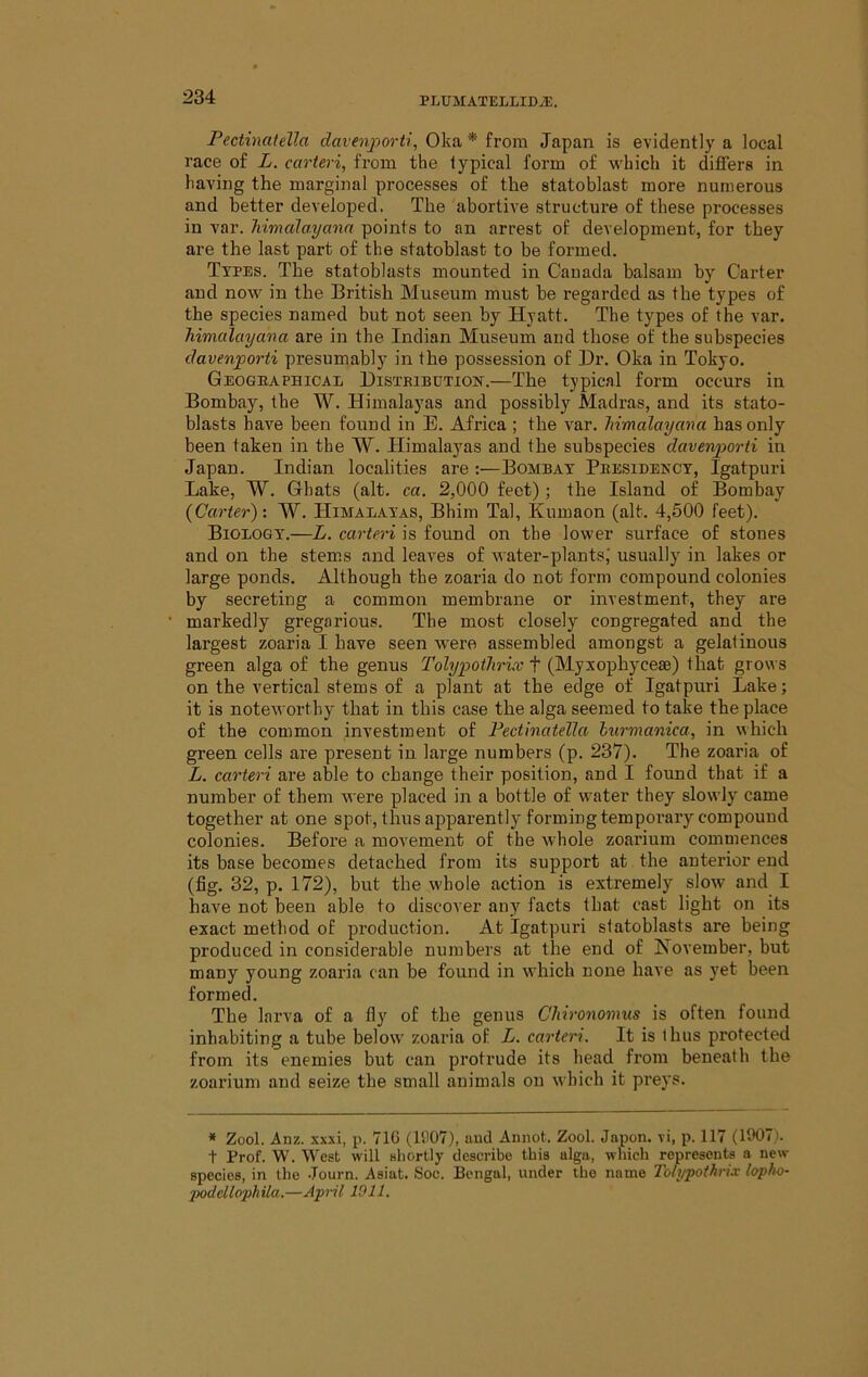 Pectinatella davenporti, Oka * from Japan is evidently a local race of L. carteri, from the typical form of vi'liich it differs in having the marginal processes of the statoblast more numerous and better developed. The abortive structure of these processes in var. himalayana points to an arrest of development, for they are the last part of the statoblast to be formed. Ttpes. The statoblasts mounted in Canada balsam by Carter and now in the British Museum must be regarded as the types of the species named but not seen by Hyatt. The types of the var. himalayana are in the Indian Museum and those of the subspecies davenporti presumably in the possession of Dr. Oka in Tokyo. Geogbaphical DiSTRiBUTioir.—The typical form occurs in Bombay, the W. Himalayas and possibly Madras, and its stato- blasts have been found in E. Africa ; the var. himalayana has only been taken in the W. Himalayas and the subspecies davenporti in Japan. Indian localities are :—Bombax Peesidekct, Igatpuri Lake, W. Ghats (alt. ca. 2,000 feet) ; the Island of Bombay {Carter)-. W. Himalaxas, Bhim Tal, Kumaon (alt. 4,500 feet). Biologx.—L. carteri is found on the lower surface of stones and on the stems and leaves of water-plants,' usually in lakes or large ponds. Although the zoaria do not form compound colonies by secreting a commoir membraire or investment, they are markedly gregarious. The most closely congregated and the largest zoaria I have seen were assembled amongst a gelatinous green alga of the genus Tolypothrix f (Myxophyceae) that grows on the vertical stems of a plant at the edge of Igatpuri Lake; it is noteworthy that in this case the alga seemed to take the place of the common investment of Pectinatella hurmanica, in which green cells are present in large numbers (p. 237). The zoaria of L. carteri are able to change their position, and I found that if a number of them were placed in a bottle of water they slowly came together at one spot, thus apparently forming temporary compound colonies. Before a movement of the whole zoarium commences its base becomes detached from its support at the anterior end (fig. 32, p. 172), but the whole action is extremely slow and I have not been able to discover any facts that cast light on its exact method of production. At Igatpuri statoblasts are being produced in considerable numbers at the end of November, but many young zoaria can be found in which none have as yet been formed. The larva of a fl}’’ of the genus Chironomus is often found inhabiting a tube below zoaria of L. carteri. It is thus protected from its enemies but can protrude its head from beneath the zoarium and seize the small animals on which it preys. * Zool. Anz. xxxi, p. 710 (W07), aud Annot. Zool. Japon. vi, p. 117 (1907). t Prof. W. West will shortly describe this alga, which represents a new species, in the Journ. Asiat. Soc. Bengal, under the name Toli/pothruv lopho- •podcllophila.—April 1011.