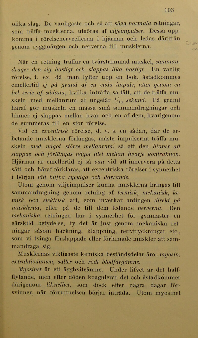 olika slag. De vanligaste och så att säga normala retningar, som träffa musklerna, utgöras af viljeimpulser. Dessa upp- komma i rörelsenervcellerna i hjärnan och ledas därifrån genom ryggmärgen och nerverna till musklerna. När en retning träffar en tvärstrimmad muskel, samman- drager den sig hastigt och slappas lika hastigt. En vanlig rörelse, t. ex. då man lyfter upp en bok, åstadkommes emellertid ej på grund af en enda impuls, utan genom en hel serie af sådana, livilka inträffa så tätt, att de träffa mu- skeln med mellanrum af ungefär ‘Ao sekund. På grund häraf gör muskeln en massa små sammandragningar och hinner ej slappas mellan hvar och en af dem, hvarigenom de summeras till en stor rörelse. Vid en excentrisk rörelse, d. v. s. en sådan, där de ar- betande musklerna förlängas, måste impulserna träffa mu- skeln med något större mellanrum, så att den hinner ati slappas och förlängas något litet mellan hvarje kontraktion. Hjärnan är emellertid ej så van vid att innervera på detta sätt och häraf förklaras, att excentriska rörelser i synnerhet i början lätt blifva rgckiga och darrande. Utom genom viljeimpulser kunna musklerna bringas till sammandragning genom retning af termisk, mekanisk, ke- misk och elektrisk art, som inverkar antingen direkt på musklerna, eller på de till dem ledande nerverna. Den mekaniska retningen har i synnerhet för gymnaster en särskild betydelse, ty det är just genom mekaniska ret- ningar såsom hackning, klappning, nervtryckningar etc., som vi tvinga förslappade eller förlamade muskler att sam- mandraga sig. Musklernas viktigaste kemiska beståndsdelar äro: mgosin, extr aktiv ämnen, salter och rödi blodfärgämne. Mgosinet är ett ägghviteämne. Under lifvet är det half- llytande, men efter döden koagulerar det och åstadkommer därigenom likstelhet, som dock efter några dagar för- svinner, när förruttnelsen börjar inträda. Utom myosinet