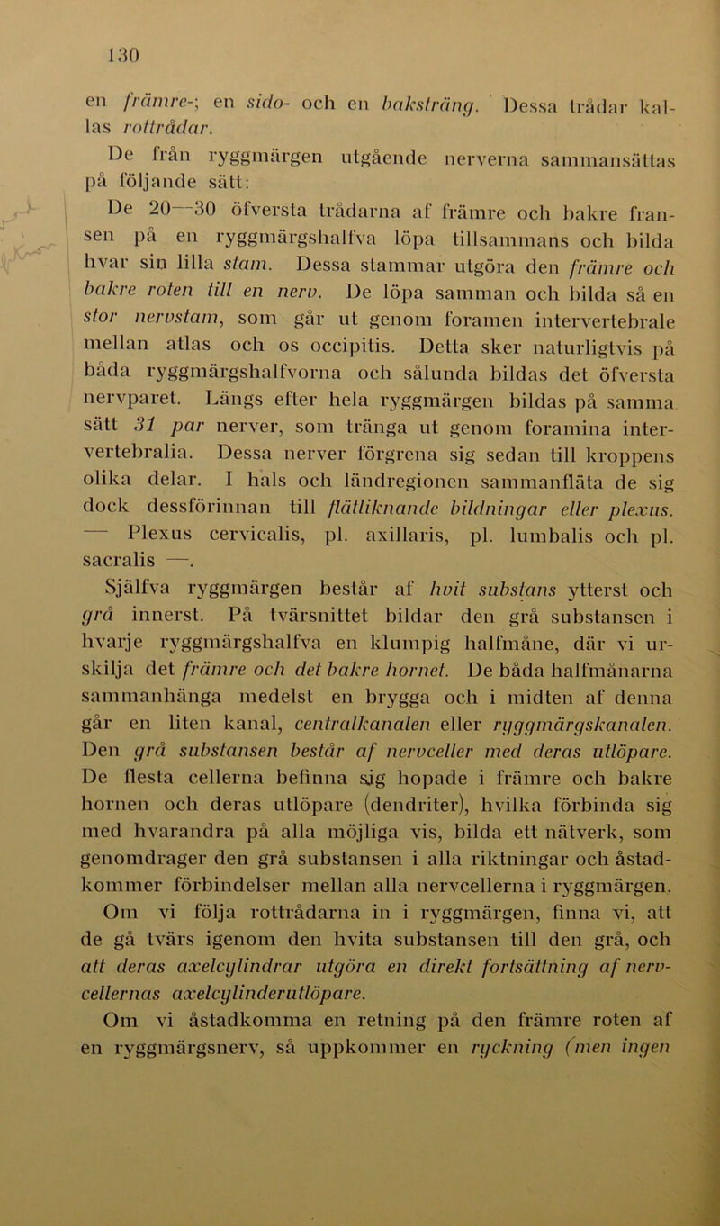 r en främreen sido- och en bakstrång. Dessa trådar kal- las rottrådar. De från ryggmärgen utgående nerverna sammansättas på följande sätt: De 20 30 ötversta trådarna af främre och bakre fran- sen på en ryggmärgshalfva löpa tillsammans och bilda hvar sin lilla stam. Dessa stammar utgöra den främre och bakre roten till en nerv. De löpa samman och bilda så en stor nervstam, som går ut genom foramen intervertebrale mellan atlas och os occipitis. Detta sker naturligtvis på båda ryggmärgshalfvorna och sålunda bildas det öfversta nervparet. Längs efter hela ryggmärgen bildas på samma sätt 31 par nerver, som tränga ut genom fora mina inter- vertebralia. Dessa nerver förgrena sig sedan till kroppens olika delar. 1 hals och ländregionen sammanfläta de sig dock dessförinnan till flätliknande bildningar eller plexus. Plexus cervicalis, pl. axillaris, pl. lumbalis och pl. sacralis —. Själfva ryggmärgen består af b vit substans ytterst och grå innerst. På tvärsnittet bildar den grå substansen i hvarje ryggmärgshalfva en klumpig halfmåne, där vi ur- skilja det främre och det bakre hornet. De båda halfmånarna sammanhänga medelst en brygga och i midten af denna går en liten kanal, centralkanalen eller ryggmärgskanalen. Den grå substansen består af nervceller med deras utlöpare. De flesta cellerna befinna sjg hopade i främre och bakre hornen och deras utlöpare (dendriter), hvilka förbinda sig med hvarandra på alla möjliga vis, bilda ett nätverk, som genomdrager den grå substansen i alla riktningar och åstad- kommer förbindelser mellan alla nervcellerna i ryggmärgen. Om vi följa rottrådarna in i ryggmärgen, finna vi, att de gå tvärs igenom den hvita substansen till den grå, och att deras axelcylindrar utgöra en direkt fortsättning af nerv- cellernas axelcylinder utlöpare. Om vi åstadkomma en retning på den främre roten af en ryggmärgsnerv, så uppkommer en ryckning (men ingen