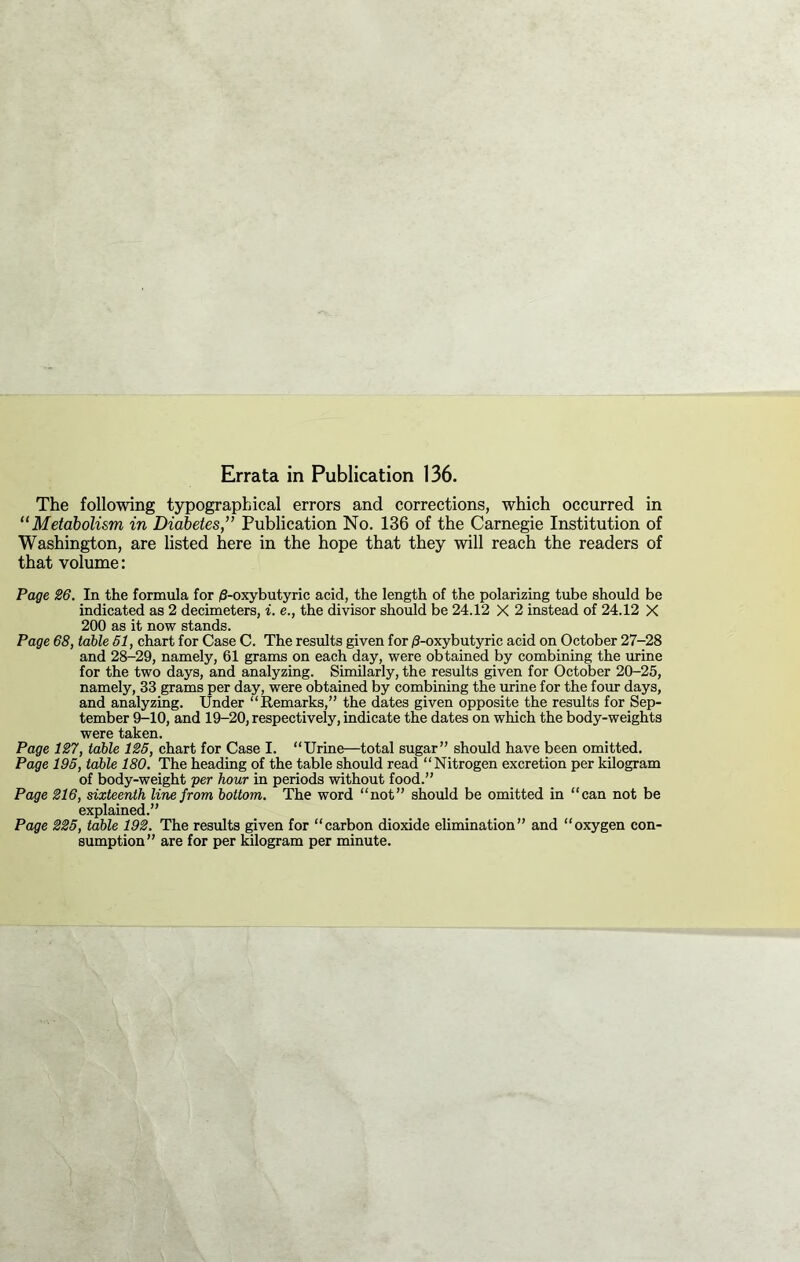 Errata in Publication 136. The following typographical errors and corrections, which occurred in “ Metabolism in DiabetesPublication No. 136 of the Carnegie Institution of Washington, are listed here in the hope that they will reach the readers of that volume: Page 26. In the formula for /3-oxybutyric acid, the length of the polarizing tube should be indicated as 2 decimeters, i. e., the divisor should be 24.12 X 2 instead of 24.12 X 200 as it now stands. Page 68, table 61, chart for Case C. The results given for /3-oxybutyric acid on October 27-28 and 28-29, namely, 61 grams on each day, were obtained by combining the urine for the two days, and analyzing. Similarly, the results given for October 20-25, namely, 33 grams per day, were obtained by combining the urine for the four days, and analyzing. Under “Remarks,” the dates given opposite the results for Sep- tember 9-10, and 19-20, respectively, indicate the dates on which the body-weights were taken. Page 127, table 125, chart for Case I. “Urine—total sugar” should have been omitted. Page 195, table 180. The heading of the table should read “Nitrogen excretion per kilogram of body-weight per hour in periods without food.” Page 216, sixteenth line from bottom. The word “not” should be omitted in “can not be explained.” Page 225, table 192. The results given for “carbon dioxide elimination” and “oxygen con- sumption” are for per kilogram per minute.