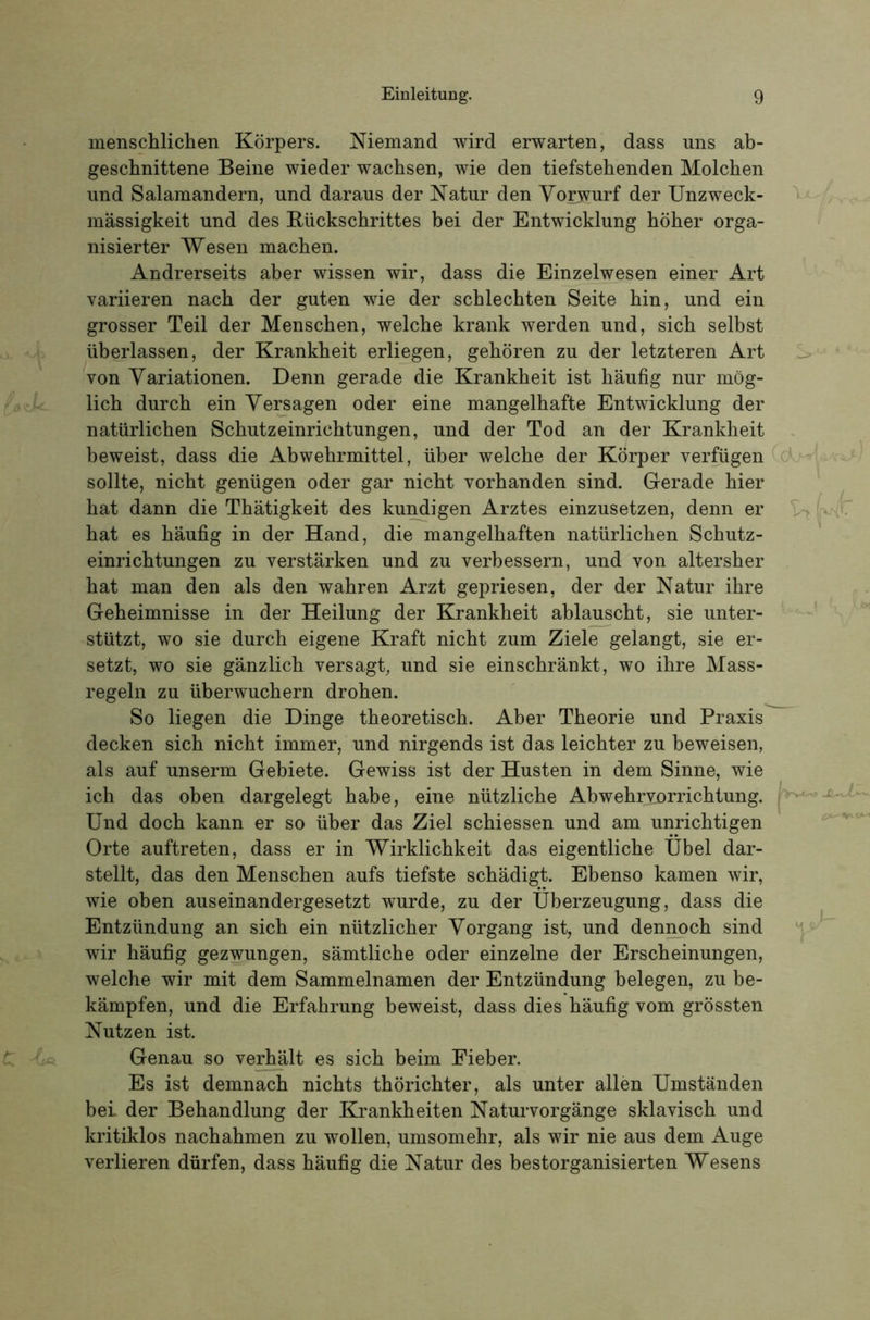 menschlichen Körpers. Niemand wird erwarten, dass uns ab- geschnittene Beine wieder wachsen, wie den tiefstehenden Molchen und Salamandern, und daraus der Natur den Yoi3vurf der Unzweck- mässigkeit und des Rückschrittes bei der Entwicklung höher orga- nisierter Wesen machen. Andrerseits aber wissen wir, dass die Einzelwesen einer Art variieren nach der guten wie der schlechten Seite hin, und ein grosser Teil der Menschen, welche krank werden und, sich selbst überlassen, der Krankheit erliegen, gehören zu der letzteren Art von Variationen. Denn gerade die Krankheit ist häufig nur mög- lich durch ein Versagen oder eine mangelhafte Entwicklung der natürlichen Schutzeinrichtungen, und der Tod an der Krankheit beweist, dass die Abwehrmittel, über welche der Körper verfügen sollte, nicht genügen oder gar nicht vorhanden sind. Gerade hier hat dann die Thätigkeit des kundigen Arztes einzusetzen, denn er hat es häufig in der Hand, die mangelhaften natürlichen Schutz- einrichtungen zu verstärken und zu verbessern, und von altersher hat man den als den wahren Arzt gepriesen, der der Natur ihre Geheimnisse in der Heilung der Krankheit ablauscht, sie unter- stützt, wo sie durch eigene Kraft nicht zum Ziele gelangt, sie er- setzt, wo sie gänzlich versagt, und sie einschränkt, wo ihre Mass- regeln zu überwuchern drohen. So liegen die Dinge theoretisch. Aber Theorie und Praxis decken sich nicht immer, und nirgends ist das leichter zu beweisen, als auf unserm Gebiete. Gewiss ist der Husten in dem Sinne, wie ich das oben dargelegt habe, eine nützliche Abwehrvorrichtung. Und doch kann er so über das Ziel schiessen und am unrichtigen Orte auftreten, dass er in Wirklichkeit das eigentliche Übel dar- stellt, das den Menschen aufs tiefste schädigt. Ebenso kamen wir, wie oben auseinandergesetzt wurde, zu der Überzeugung, dass die Entzündung an sich ein nützlicher Vorgang ist, und dennoch sind wir häufig gezwungen, sämtliche oder einzelne der Erscheinungen, welche wir mit dem Sammelnamen der Entzündung belegen, zu be- kämpfen, und die Erfahrung beweist, dass dies häufig vom grössten Nutzen ist. Genau so verhält es sich beim Fieber. Es ist demnach nichts thörichter, als unter allen Umständen bei der Behandlung der Krankheiten Naturvorgänge sklavisch und kritiklos nachahmen zu wollen, umsomehr, als wir nie aus dem Auge verlieren dürfen, dass häufig die Natur des bestorganisierten Wesens