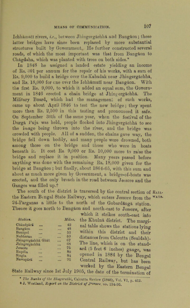 Iohhainatl rivers, i.e., between Jhingergaohha and Bangaon; these latter bridges have sinoe been replaced by more substantial structures built by Government. He further constructed several roads, of which the most important was that from Bangaon to Chagdaha, which was planted with trees on both sides.'* In 1848 he assigned a landed estate yielding an income of Rs. 301 per annum for the repair of his works, with a sum of Rs. 9,000 to build a bridge over the Kabadak near Jhingergachha, and Rs. 18,000 for cne over the Ichhamati near Bangaon. With the first Rs. 9,000, to which it added an equal sum, the Govern- ment in 1846 erected a chain bridge at Jhingergachha. The Military Board, which had the management of such works, came up about April 1846 to test the new bridge; they spent more than Rs. 2,500 in this testing and pronounced it safe. On September 30th of the same year, when the festival of the Durga Buja was held, people flocked into Jhingergachha to see the image being thrown into the river, and the bridge was crowded with people. All of a sudden, the chains gave way, the bridge fell down bodily, and many people were drowned, both among those on the bridge and those who were in boats beneath ic. It cost Rs. 9,000 or Rs. 10,000 more to raise the bridge and replace it in position. Many years passed before anythiug was done with the remaining Rs. 18,000 given for the bridge at Bangaon ; but finally, about 1864-65, with this sum and about as much more given by Government, a bridge-of-boats was erected, and the only breach in the road between Jessore and the Ganges was filled up.t The south of the district is traversed by the central section of Raij> the Eastern Bengal State Railway, which enters Jessore from the WATS- 24-Parganas a little to the north of the Gobardanga station. Thence it goes north to Bangaon and north-east to Jessore, after which it strikes south-east into the Khulna district. The margi- nal table shows the stations lying within this district and their distances from Calcutta (Sealdah). The line, which is on the stand- ard (5 feet 6 inches) gauge, was opened in 1884 by the Bengal Central Railway, but has been Station. Miles. Chandpari ... ... 42 Bangaon ... 48 Bonapol ... ... 53 Nabharan ... 59 Jhingergachha Ghat ... 67 Jhingergachha ... 68 Jessoro ... 75 Rupdia ... 80 Singia ... 84 Nawapara ... 91 worked by the Eastern Bengal State Hailway since 1st July 1905, the date of the termination of * The Banks of the Bhagirathi, Calcutta Review (1846;, Vol. VI, p. 412. + J. Westland, Report on the District of J'seor* up. 194-95,