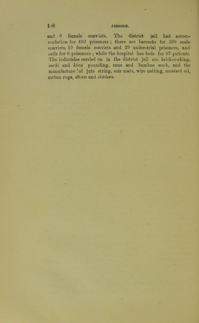and 3 female oonvicts. The district jail had accom- modation for 402 prisoners ; there are barracks for 300 male conviots, 10 female convicts and 29 under-trial prisoners, and cells for 6 prisoners ; while the hospital has beds for 57 patients. The industries carried on in the district jail are brick-making, surki and khoa pounding, cane and bamboo woik, and the manufacture rof jute string, coir mats, wire netting, mustard oil, cotton rugs, dhotis and ehadars.