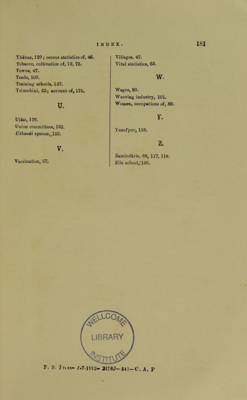 Thanas, 129; census statistics of, 46. Tobacco, cultivation of, 12, 73. Towns, 47. Trade, 105. Training schools, 137. Trimohini, 32; account of, 175. u. Villages, 47. Vital statistics, 63. w. Wages, 83. Weaving industry, 101. Women, occupations of, 89. Ulasi, 176. Union committees, 132. Utbandi system,,122. V. Vaccination, 67. Y. Yusufpur, 118. z. Zamindaris, 88, 117, 118. Zilu school,; 136.