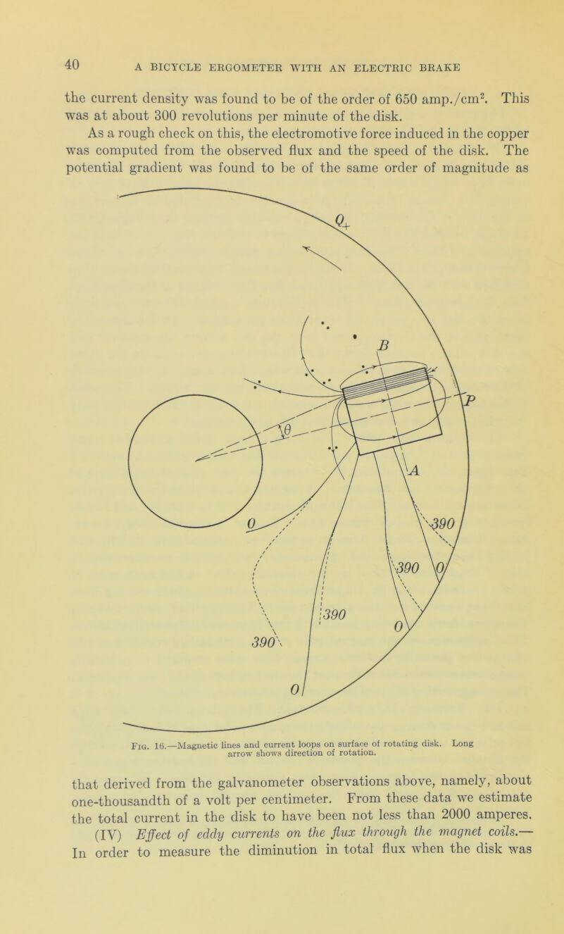 the current density was found to be of the order of 650 amp./cm2. This was at about 300 revolutions per minute of the disk. As a rough check on this, the electromotive force induced in the copper was computed from the observed flux and the speed of the disk. The potential gradient was found to be of the same order of magnitude as that derived from the galvanometer observations above, namely, about one-thousandth of a volt per centimeter. From these data we estimate the total current in the disk to have been not less than 2000 amperes. (IV) Effect of eddy currents on the flux through the magnet coils — In order to measure the diminution in total flux when the disk was