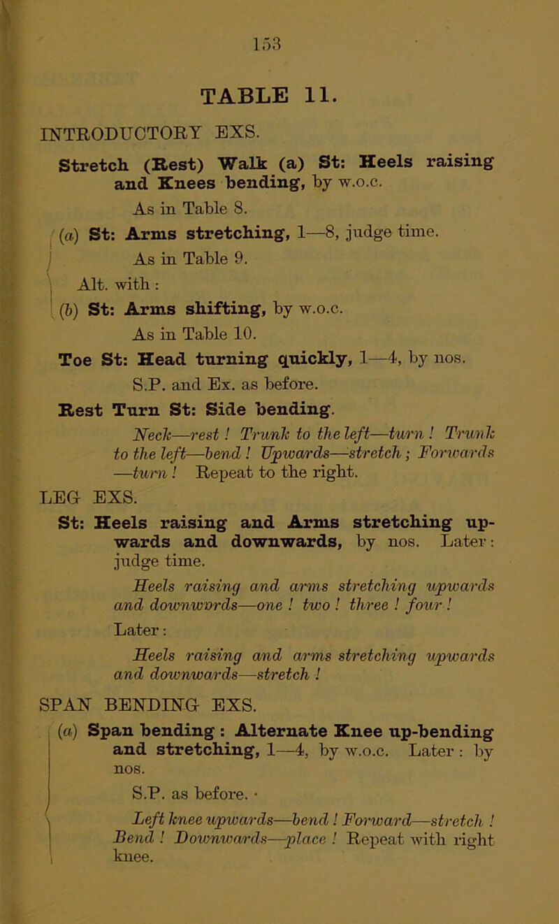 TABLE 11. INTRODUCTORY BXS. Stretch (Rest) Walk (a) St: Heels raising and Knees bending, by w.o.c. As in Table 8. (а) St: Arms stretching, 1—8, judge time. As in Table 9. j Alt. with : (б) St: Arms shifting, by w.o.c. As in Table 10. Toe St: Head turning quickly, 1—4, by nos. S.P. and Ex. as before. Rest Turn St: Side bending. Neele—rest! Trunk to the left—turn ! Trunk to the left—bend ! Upwards—stretch; Forwards —turn ! Repeat to the right. LEG- EXS. St: Heels raising and Arms stretching up- wards and downwards, by nos. Later: judge time. Neels raising and arms stretching upwards and downwvrds—one ! two ! three ! four ! Later: Neels raising and arms stretching upwards and downwards—stretch ! SPAN BENDING EXS. (a) Span bending : Alternate Knee up-bending and stretching, 1—4, by w.o.c. Later : by nos. S.P. as before. • \ Left knee upwards—bend! Forward—stretch ! Bencl! Downwards—place ! Repeat with right \ knee.