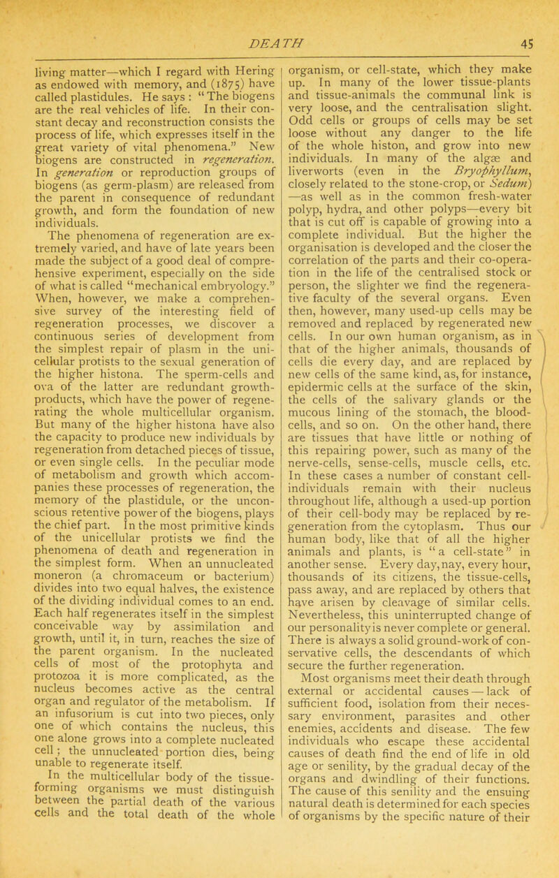 living matter—which I regard with Hering as endowed with memory, and (1875) have called plastidules. He says : “ The biogens are the real vehicles of life. In their con- stant decay and reconstruction consists the process of life, which expresses itself in the great variety of vital phenomena.” New biogens are constructed in regeneration. In generation or reproduction groups of biogens (as germ-plasm) are released from the parent in consequence of redundant growth, and form the foundation of new individuals. The phenomena of regeneration are ex- tremely varied, and have of late years been made the subject of a good deal of compre- hensive experiment, especially on the side of what is called “mechanical embryology.” When, however, we make a comprehen- sive survey of the interesting field of regeneration processes, we discover a continuous series of development from the simplest repair of plasm in the uni- cellular protists to the sexual generation of the higher histona. The sperm-cells and ova of the latter are redundant growth- products, which have the power of regene- rating the whole multicellular organism. But many of the higher histona have also the capacity to produce new individuals by regeneration from detached pieces of tissue, or even single cells. In the peculiar mode of metabolism and growth which accom- panies these processes of regeneration, the memory of the plastidule, or the uncon- scious retentive power of the biogens, plays the chief part. In the most primitive kinds of the unicellular protists we find the phenomena of death and regeneration in the simplest form. When an unnucleated moneron (a chromaceum or bacterium) divides into two equal halves, the existence of the dividing individual comes to an end. Each half regenerates itself in the simplest conceivable way by assimilation and growth, until it, in turn, reaches the size of the parent organism. In the nucleated cells of most of the protophyta and protozoa it is more complicated, as the nucleus becomes active as the central organ and regulator of the metabolism. If an infusorium is cut into two pieces, only one of which contains the nucleus, this one alone grows into a complete nucleated cell; the unnucleated portion dies, being unable to regenerate itself In the multicellular body of the tissue- forming organisms we must distinguish between the partial death of the various cells and the total death of the whole organism, or cell-state, which they make up. In many of the lower tissue-plants and tissue-animals the communal link is very loose, and the centralisation slight. Odd cells or groups of cells may be set loose without any danger to the life of the whole histon, and grow into new individuals. In many of the algas and liverworts (even in the Bryophyllum., closely related to the stone-crop, or Sedum) —as well as in the common fresh-water polyp, hydra, and other polyps—every bit that is cut off is capable of growing into a complete individual. But the higher the organisation is developed and the closer the correlation of the parts and their co-opera- tion in the life of the centralised stock or person, the slighter we find the regenera- tive faculty of the several organs. Even then, however, many used-up cells may be removed and replaced by regenerated new cells. In our own human organism, as in that of the higher animals, thousands of cells die every day, and are replaced by new cells of the same kind, as, for instance, epidermic cells at the surface of the skin, the cells of the salivary glands or the mucous lining of the stomach, the blood- cells, and so on. On the other hand, there are tissues that have little or nothing of this repairing power, such as many of the nerve-cells, sense-cells, muscle cells, etc. In these cases a number of constant cell- individuals remain with their nucleus throughout life, although a used-up portion of their cell-body may be replaced by re- generation from the cytoplasm. Thus our human body, like that of all the higher animals and plants, is “a cell-state” in another sense. Every day, nay, every hour, thousands of its citizens, the tissue-cells, pass away, and are replaced by others that have arisen by cleavage of similar cells. Nevertheless, this uninterrupted change of our personality is never complete or general. There is always a solid ground-work of con- servative cells, the descendants of which secure the further regeneration. Most organisms meet their death through external or accidental causes — lack of sufficient food, isolation from their neces- sary environment, pai'asites and other enemies, accidents and disease. The few individuals who escape these accidental causes of death find the end of life in old age or senility, by the gradual decay of the organs and dwindling of their functions. The cause of this senility and the ensuing natural death is determined for each species of organisms by the specific nature of their