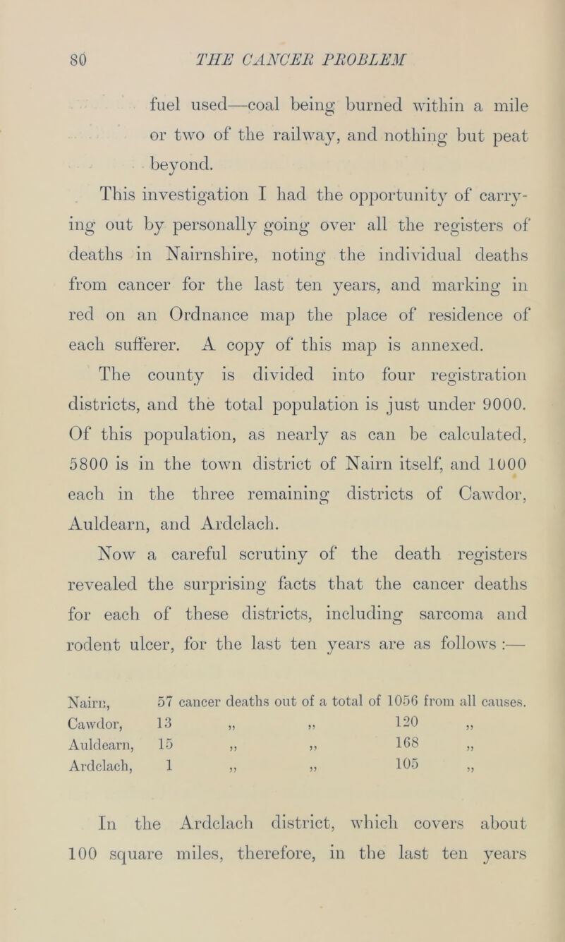 fuel used—coal being burned within a mile or two of the railway, and nothing but peat beyond. This investigation I had the opportunity of carry- ing out by personally going over all the registers of deaths in Nairnshire, noting the individual deaths from cancer for the last ten years, and marking in red on an Ordnance map the place of residence of each sufferer. A copy of this map is annexed. The county is divided into four registration districts, and the total population is just under 9000. Of this population, as nearly as can be calculated, 5800 is in the town district of Nairn itself, and 1000 each in the three remaining districts of Cawdor, Auldearn, and Ardclach. Now a careful scrutiny of the death registers revealed the surprising facts that the cancer deaths for each of these districts, including sarcoma and rodent ulcer, for the last ten years are as follows :— Nairn, 57 cancer deaths out of a total of 1056 from all causes. Cawdor, 13 „ ,, 1-0 ,, Auldearn, 15 ,, ,, 168 „ Ardclach, 1 „ „ 105 „ In the Ardclach district, which covers about 100 square miles, therefore, in the last ten years