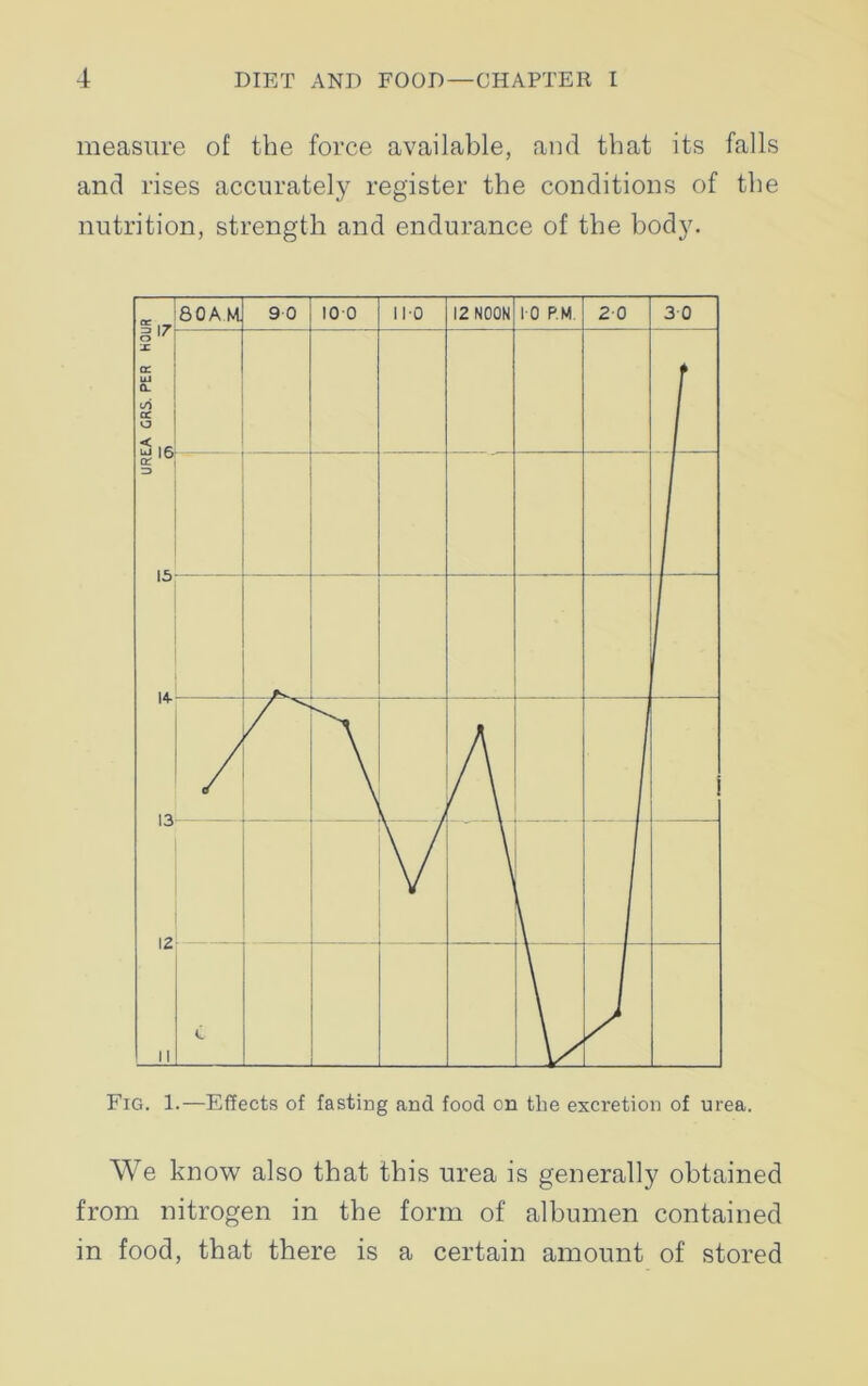 measure of the force available, and that its falls and rises accurately register the conditions of the nutrition, strength and endurance of the body. Fig. 1.—Effects of fasting and food on the excretion of urea. We know also that this urea is generally obtained from nitrogen in the form of albumen contained in food, that there is a certain amount of stored