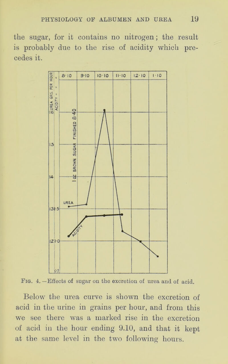 the sugar, for it contains no nitrogen; the result is probably due to the rise of acidity which pre- cedes it. Fig. 4. —Effects of sugar on the excretion of urea and of acid. Below the urea curve is shown the excretion of acid in the urine in grains per hour, and from this we see there was a marked rise in the excretion of acid in the hour ending 9.10, and that it kept at the same level in the two following hours.