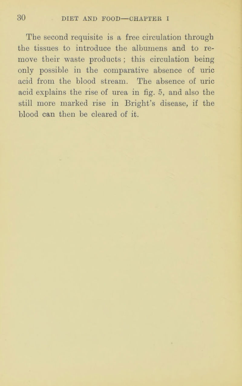 The second requisite is a free circulation through the tissues to introduce the albumens and to re- move their waste products ; this circulation being only possible in the comparative absence of uric acid from the blood stream. The absence of uric acid explains the rise of urea in fig. 5, and also the still more marked rise in Bright’s disease, if the blood can then be cleared of it.