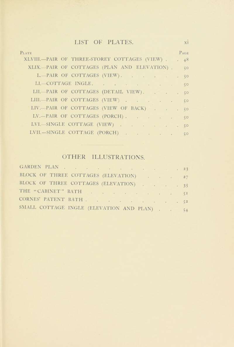 Plate XL\ III.—PAIR OF THRKK-STOREY COTTAGES (MEW) . XLIX.- PAIR OF COTTAGES (PLAN AND ELEVATION) L.- PAIR OF CO'FTAGES (MEW) LI.—COTTAGE INGLE LIE—PAIR OF COTTAGES (DETAIL MEW). LIIL—PAIR OF COTTAGES (MEW) .... LIV.—PAIR OF COTTAGES (MEW OF PACK) L\\ —PAIR OF COTTAGES (PORCH) .... LVL—SINGLE COTTAGE (VIEW) LMI.—SINGLE COTTAGE (PORCH) .... OTHER ILLUSTRATIONS. GARDEN PLAN BLOCK OF THREE COTTAGES (ELEVATION) BLOCK OF THREE COTTAGES (ELEVATION) 'FHE “CABINET” BATH CORNES’ PATENT BATH ...... SMALL COTTAGE INGLE (ELFA^ATION AND PLAN)