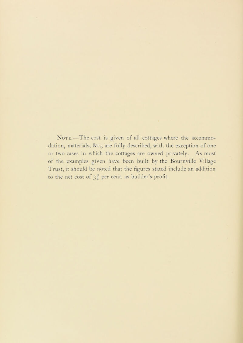 Note.—The cost is given ot all cottages where the accommo- dation, materials, &c,, are fully described, with the exception of one or two cases in which the cottages are owned privately. As most of the examples given have been built by the Bournville Village Trust, it should be noted that the figures stated include an addition to the net cost of 3j per cent, as builder’s profit.