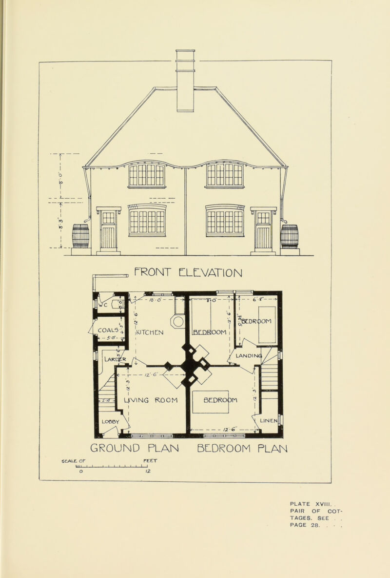 rRONT CLtVATlON GROUND PLAN 5LDR00M PLAN 6CALE. cr biu L rEET i_l PLATE XVIll. PAIR OF COT- TAGES. SEE PAGE 28. . • . O I I 12