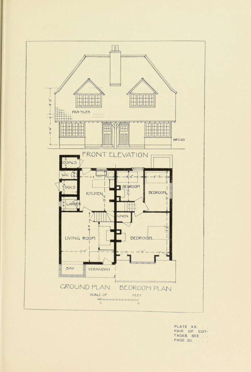 -^■■6 GROUND PLAN BDDROOM PLAN SCALD or fddt I; 1/1 I I I I I I I : I I I I c (2 PLATE XX. . PAIR OF COT TAGES. SEE . PAGE 30. . .