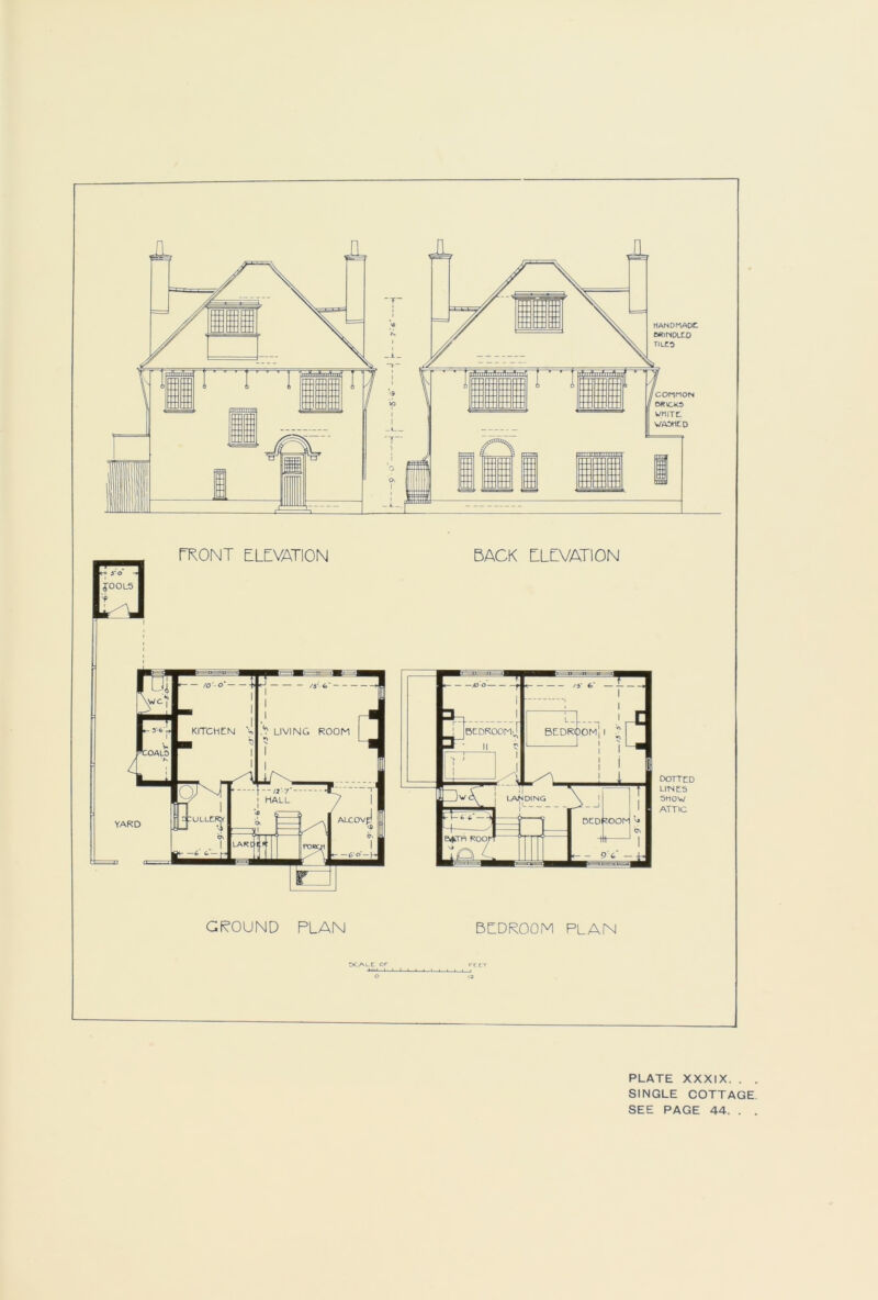 BACK BLBVATION dotted LIMES SHOW ATTIC Gi^OUND PLAN BLDROOM PLAN tjCAuC or PLATE XXXIX. . SINGLE COTTAGE