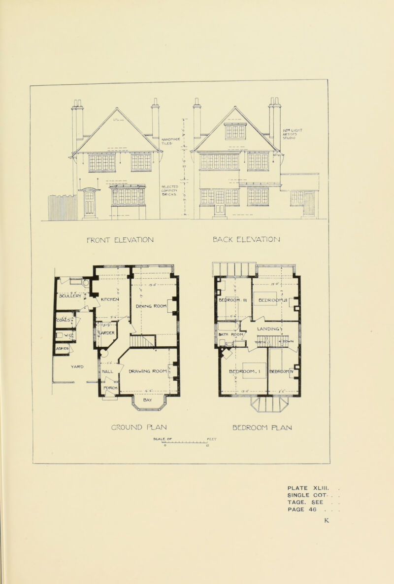 ;ooM. i rRONT ELEVATION BACK ELBVATlOrj GROUND PLAN »CALE or DEDROON PLAN YARD DUSING ROOM PLATE XLIII. SINGLE COT- TAGE. SEE PAGE 46 K