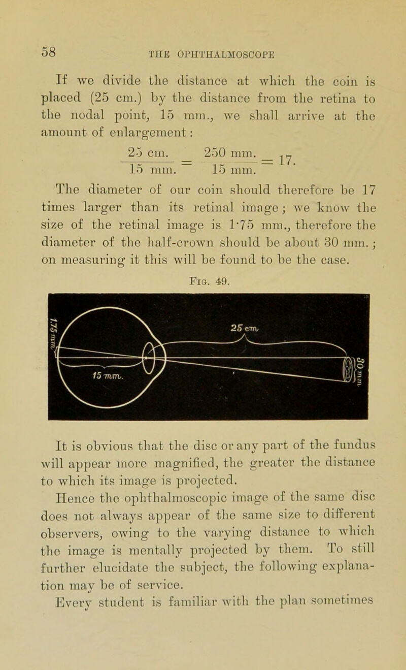 If we divide tlie distance at which the coin is placed (25 cm.) by the distance from the retina to the nodal point, 15 mm., we shall arrive at the amount of enlargement: 25 cm. 250 mm. ^ 15 mm. — 15 mm. The diameter of our coin should therefore he 17 times larger than its retinal image; Ave knoAV the size of the retinal image is T75 mm., therefore the diameter of the half-crown should he about 30 mm.; on measuring it this will be found to be the case. Fig. 49. It is obvious that the disc or any part of the fundus Avill appear more magnified, the greater the distance to Avliich its image is projected. Hence the ophthalmoscopic image of the same disc does not always appear of the same size to different observers, OAving to the varying distance to Avhich the image is mentally projected by them. To still further elucidate the subject, the following explana- tion may be of service. Every student is familiar Avith the plan sometimes